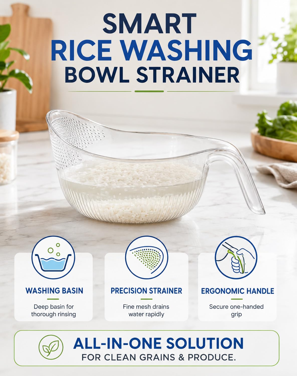 Aesthetic Green Rice - Colador para lavar arroz con asa, PET apto para alimentos, malla fina para arroz, frutas, verduras, herramienta de cocina multiusos, fácil de usar