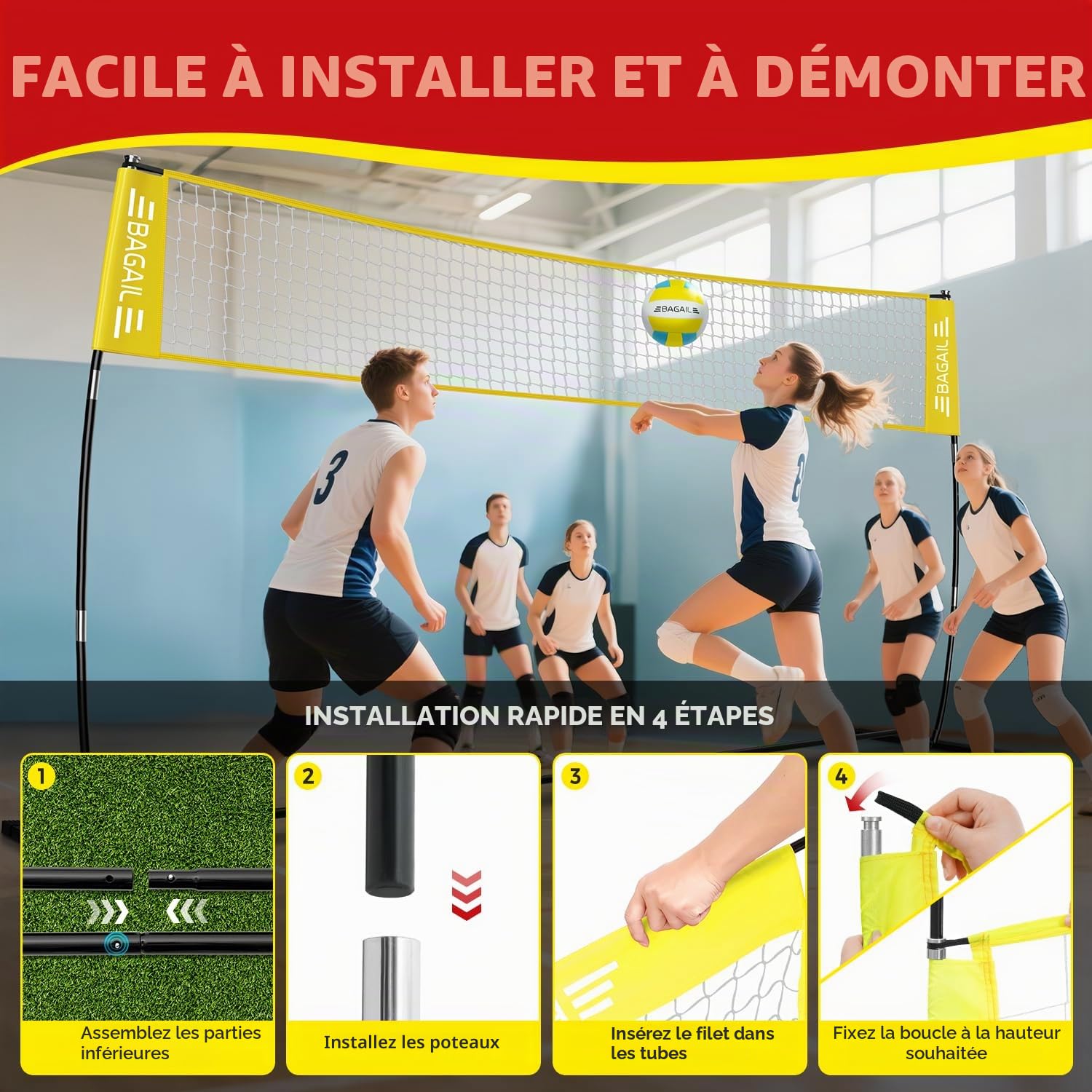 BAGAIL Filet de Volley-Ball, Portable pour Le Jardin | Hauteur Réglable, Cadre Robuste, Conception Autoportante - Set de Volley-ball, avec Sac de Transpor