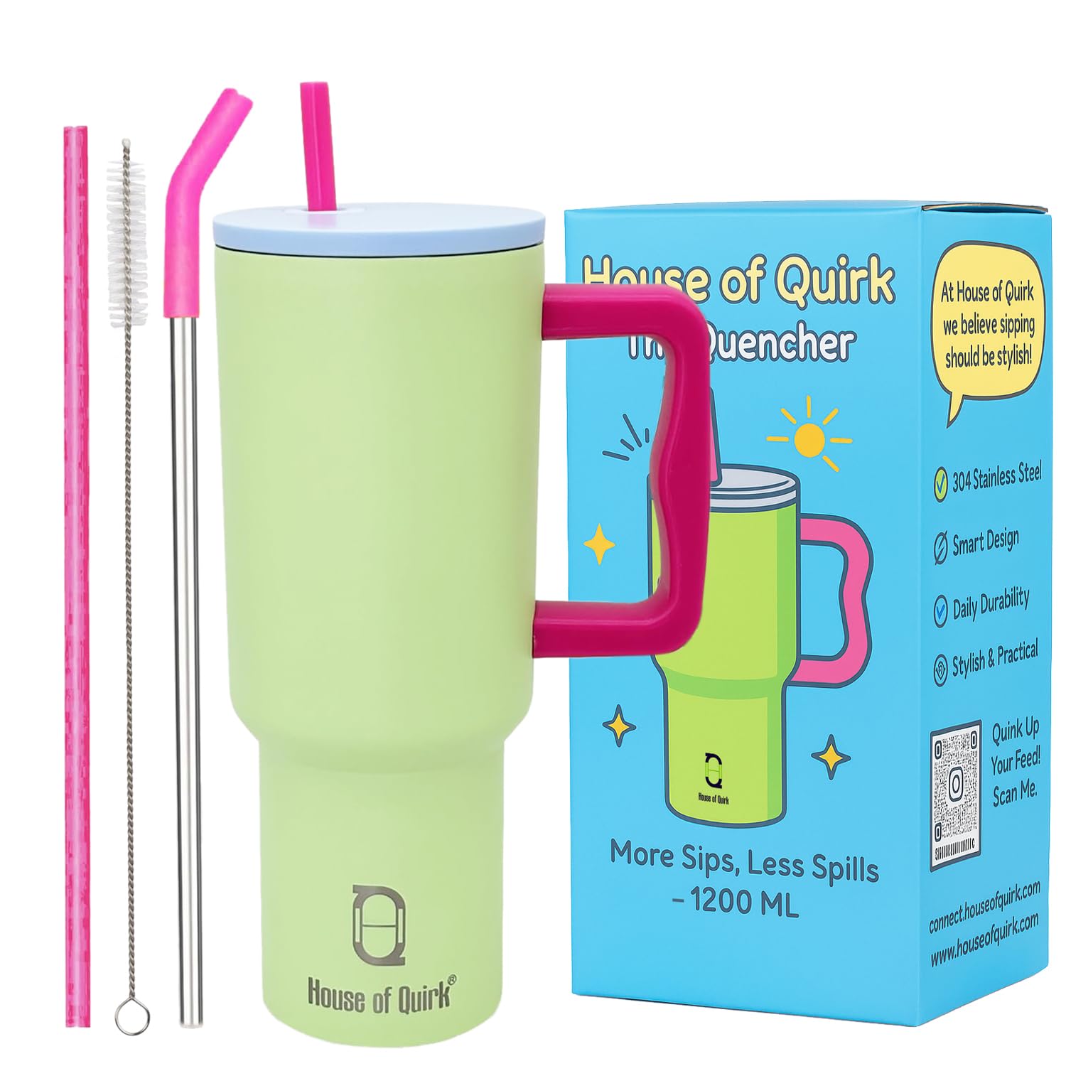 House of Quirk 1200ML Stainless Steel Tumbler with Handle & Lid, 2 Straws – Large Travel Mug Water Cup for Gym, Office & Outdoor Use (Mult-Color: Seafoam)