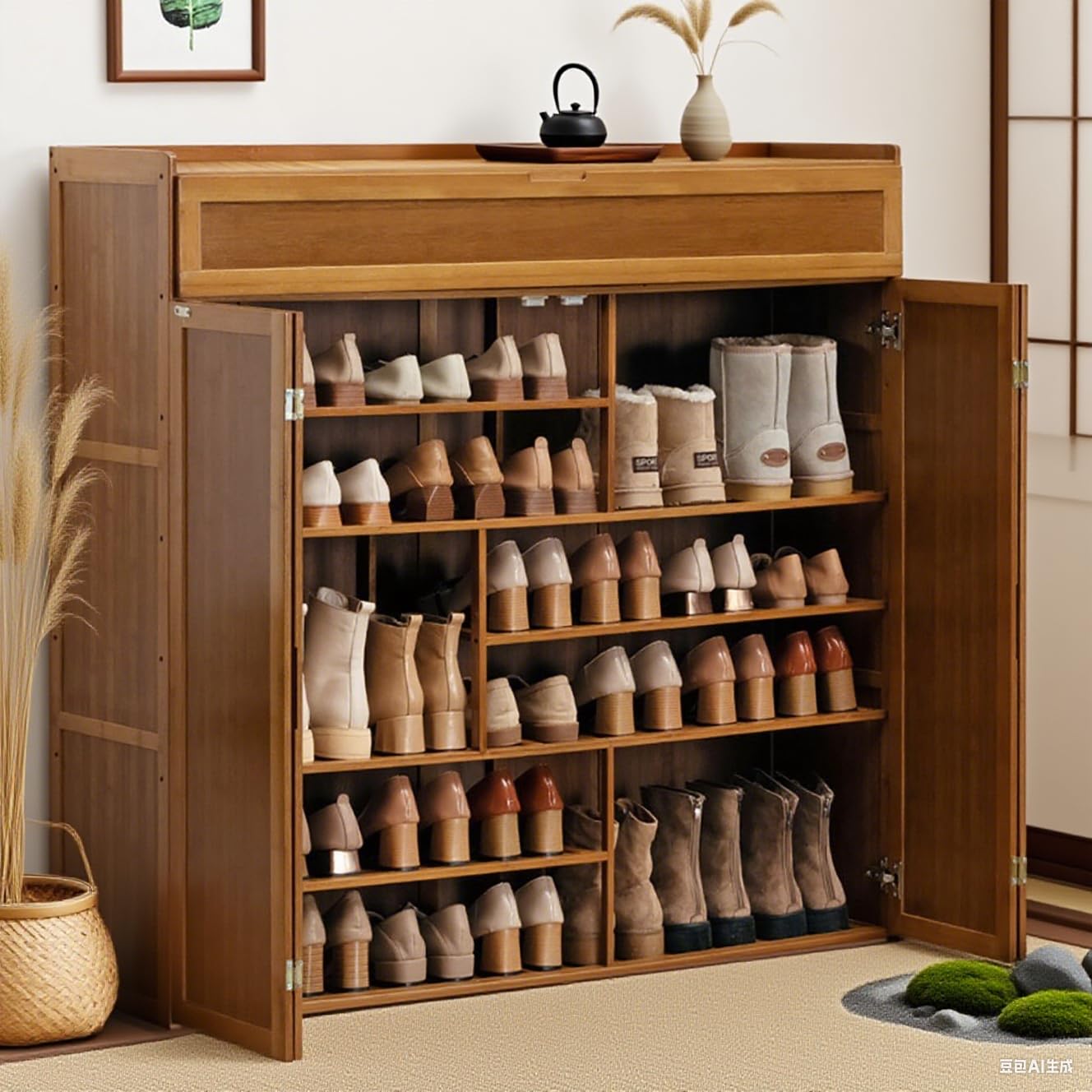 Mueble Zapatero de 4 Puertas Armario de 7 Niveles para Zapatos Mueble Auxiliar con Cajón y Estantes Ajustables Sala de Estar，Zapatero Entrada Recibidor 117x35x115cm