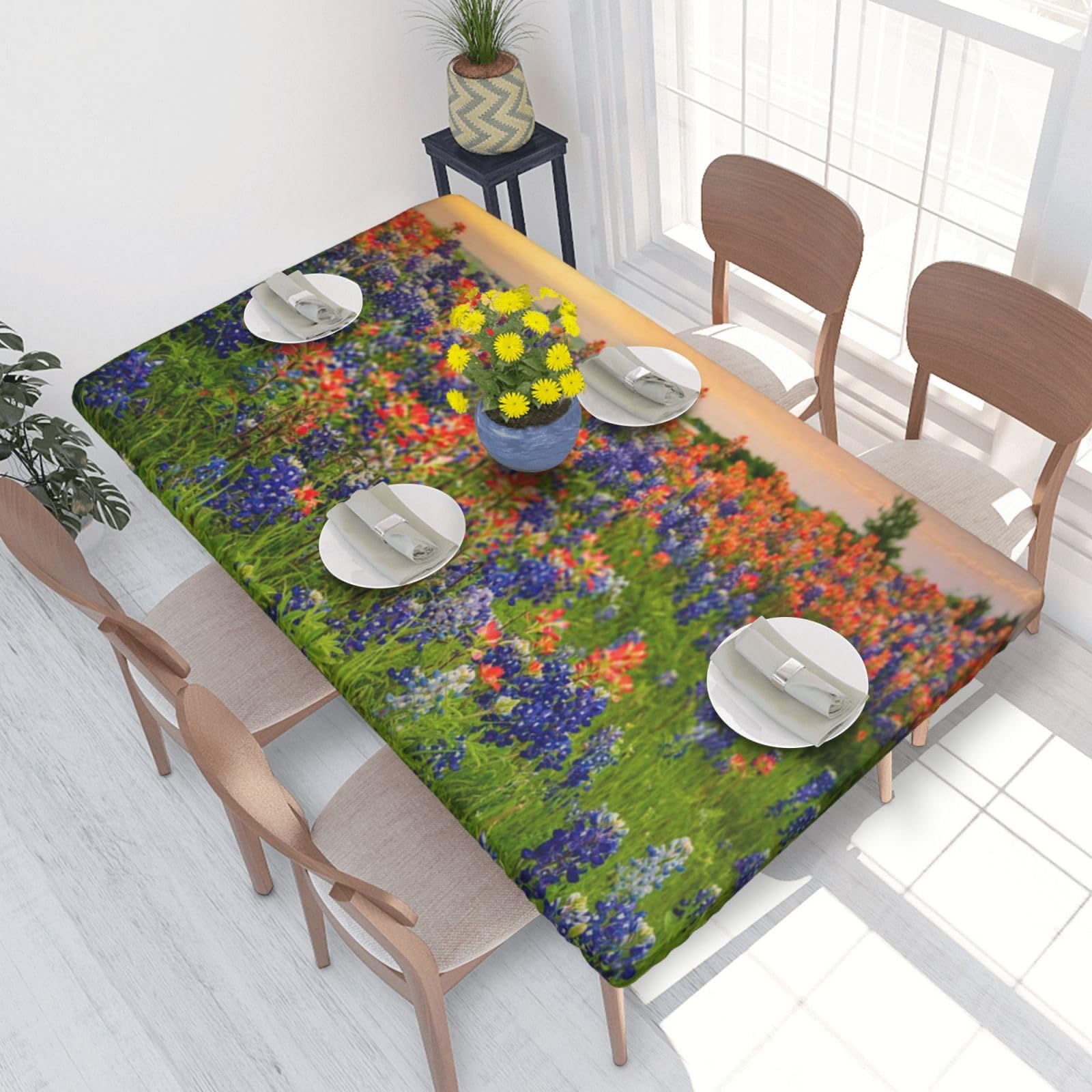 BNVSADC Texas Bluebonnets Scenery Printed 4FT Tablecloth 122x76 CM Polyester Kitchen Water Resistant Table Cloth Dining Table Decoration Table Covers