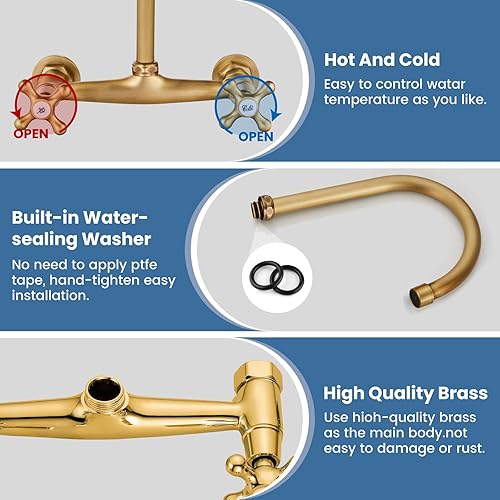 Vista 3 de Airuida Grifo de fregadero de cocina de latón antiguo, grifo central montado en la pared de 8 pulgadas, grifo de cocina comercial montado