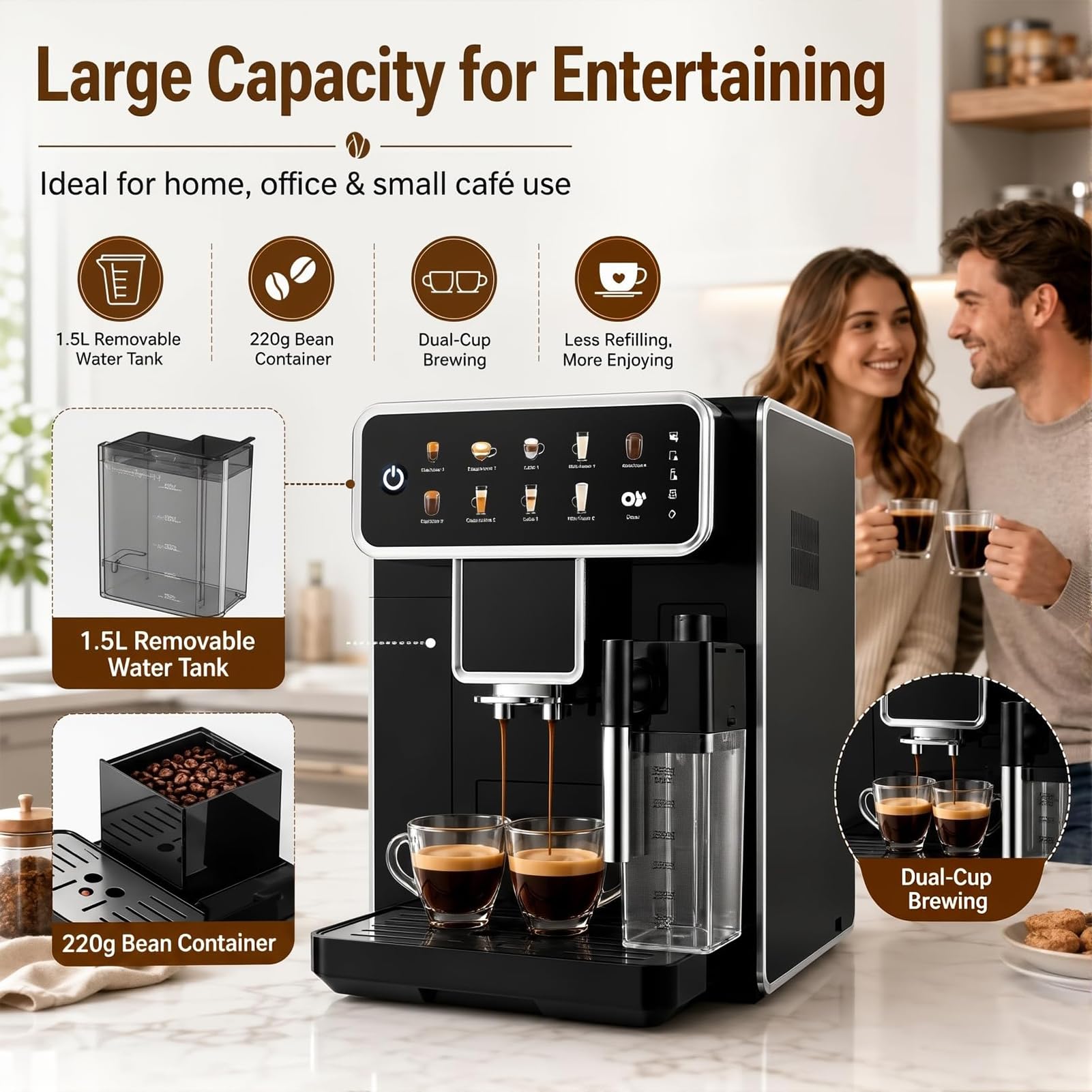 Máquina De Café Espresso Con Bomba De 15 Bares Y Espumador De Leche Con | Cafetera Espresso Automática Con Molinillo De Granos Calentamiento De 1350W Depósito De Leche Sistema De Limpieza(A)
