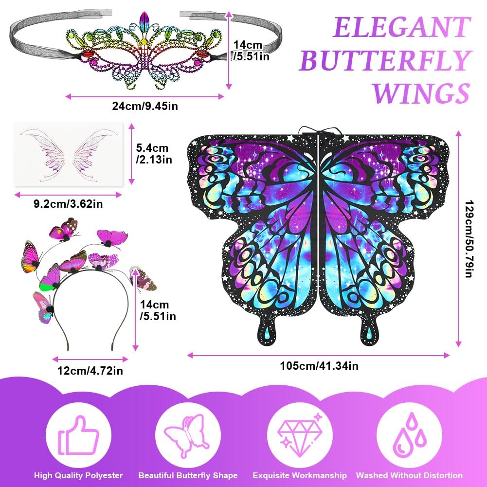 AUYAO Girl Butterfly Wing Costume Kid Butterfly Costume Cape with Mask Headband and Sticker Fairy Butterfly Wing Fancy Dress Up Costume for Halloween World Book Day Cosplay(Starry Purple) - Image 2