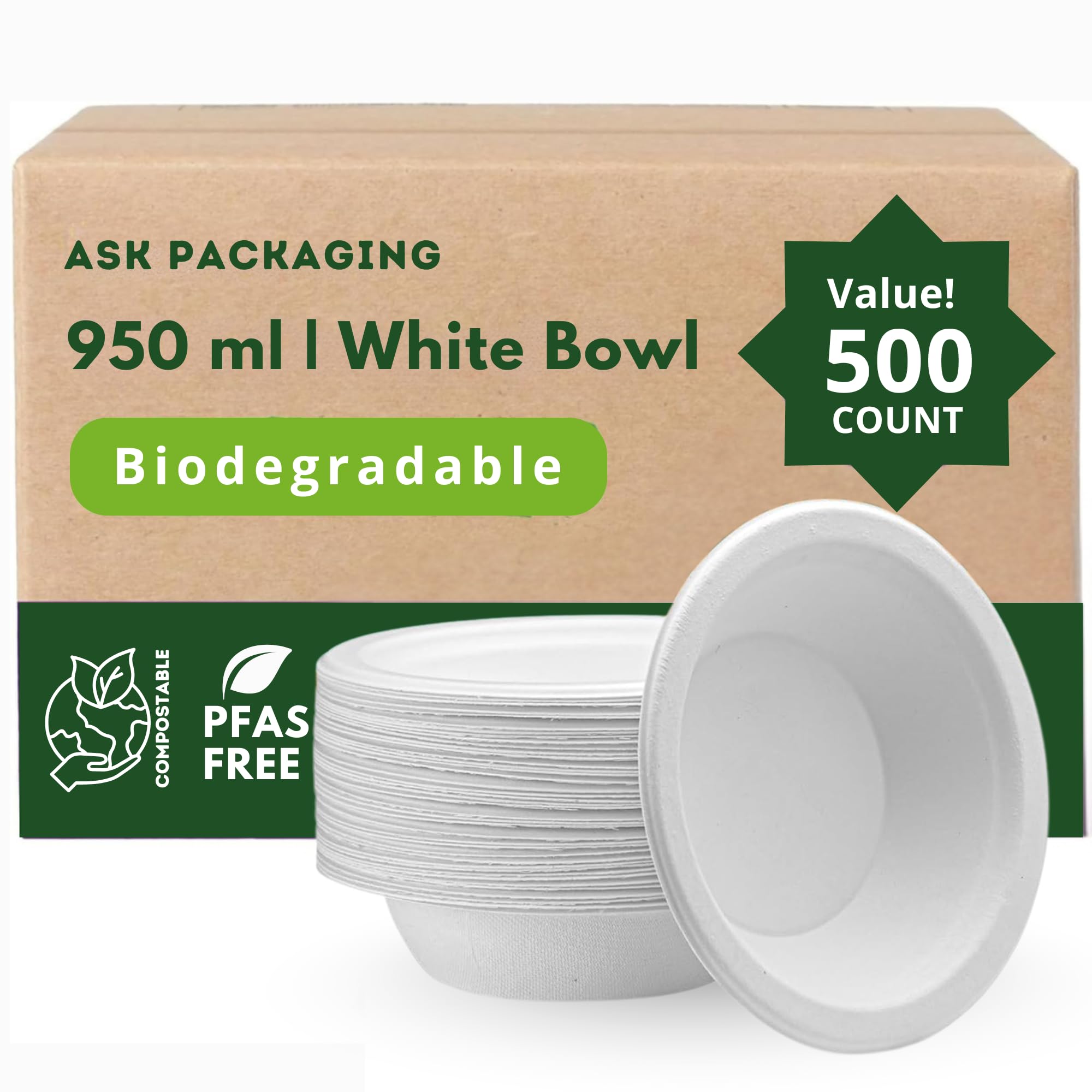 Strong Paper Bowls (950ml / 500 Pack) Extra Large Disposable Compostable Bagasse Bowl for Party – (8.5 x 2.4 inches) Biodegradable Eco-Friendly Heavy-Duty Microwavable Soup Bowls – Full Meal
