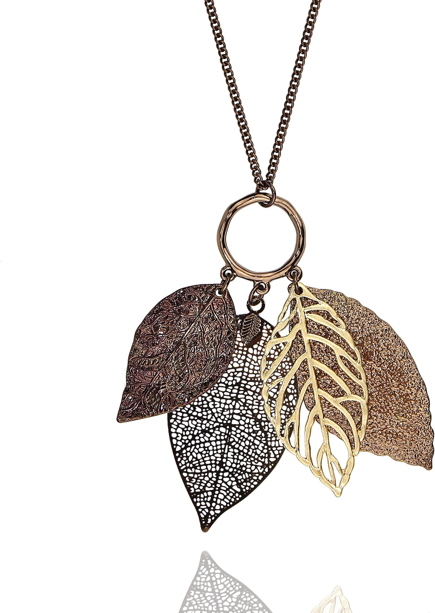 Gold Silver Two Tone Filigree Fall Leaf Pendant Long Necklace Chic Sweater Chain Statement Necklace for Women