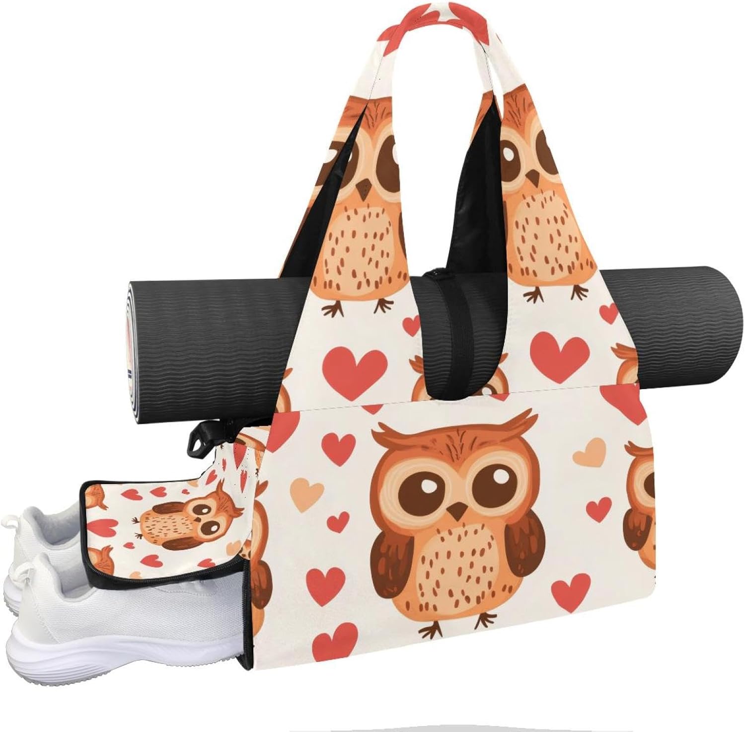Gym Bag for Women, Owls Flowers Yoga Mat Bag with Shoe Compartment, Sport Yoga Gym Bag with Yoga Strap, Carryall Yoga Tote Bag