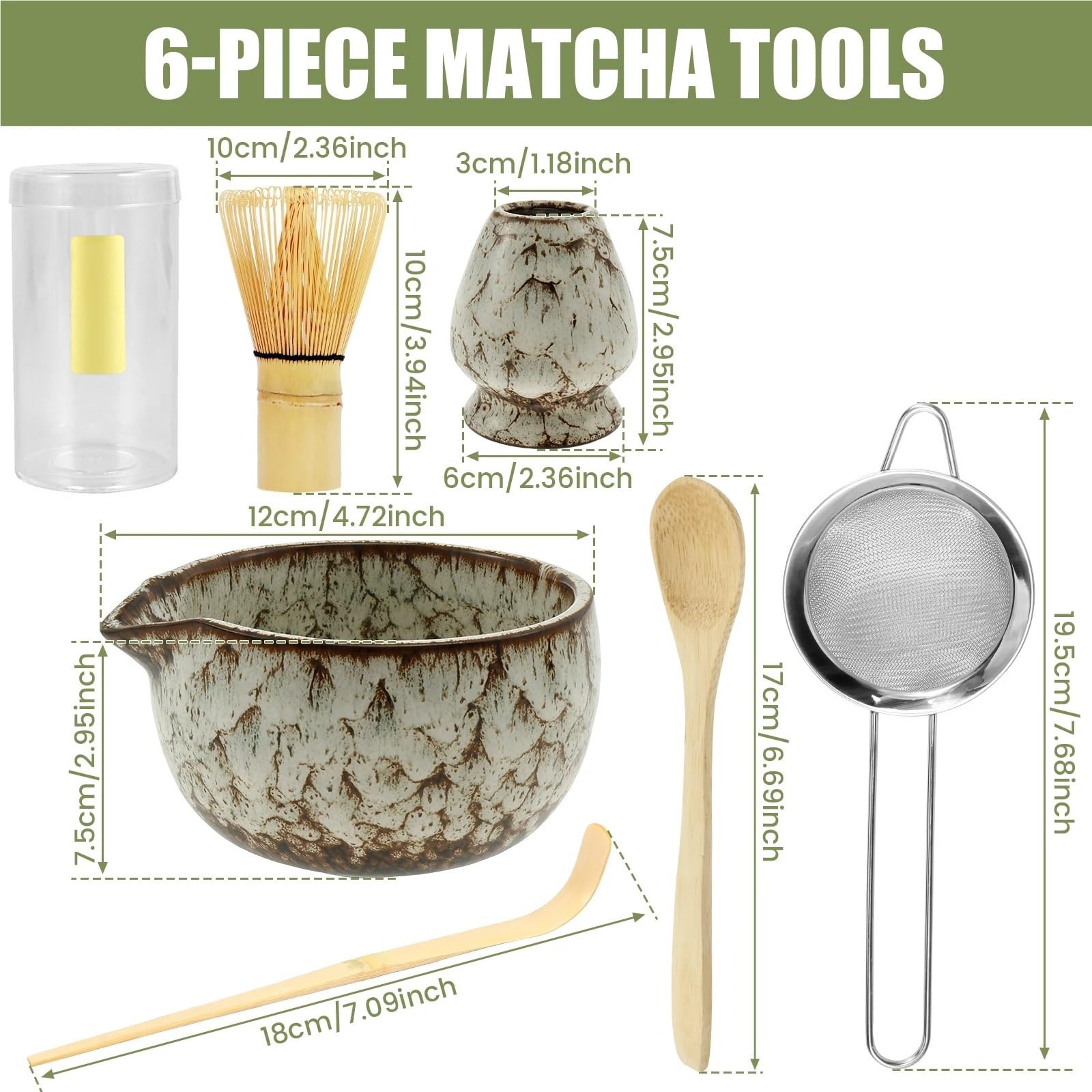 Juego de 6 batidores matcha. Incluye soporte for batidor, cuenco cerámica, colador acero inoxidable, cuchara for té, madera Te matcha kit(White)