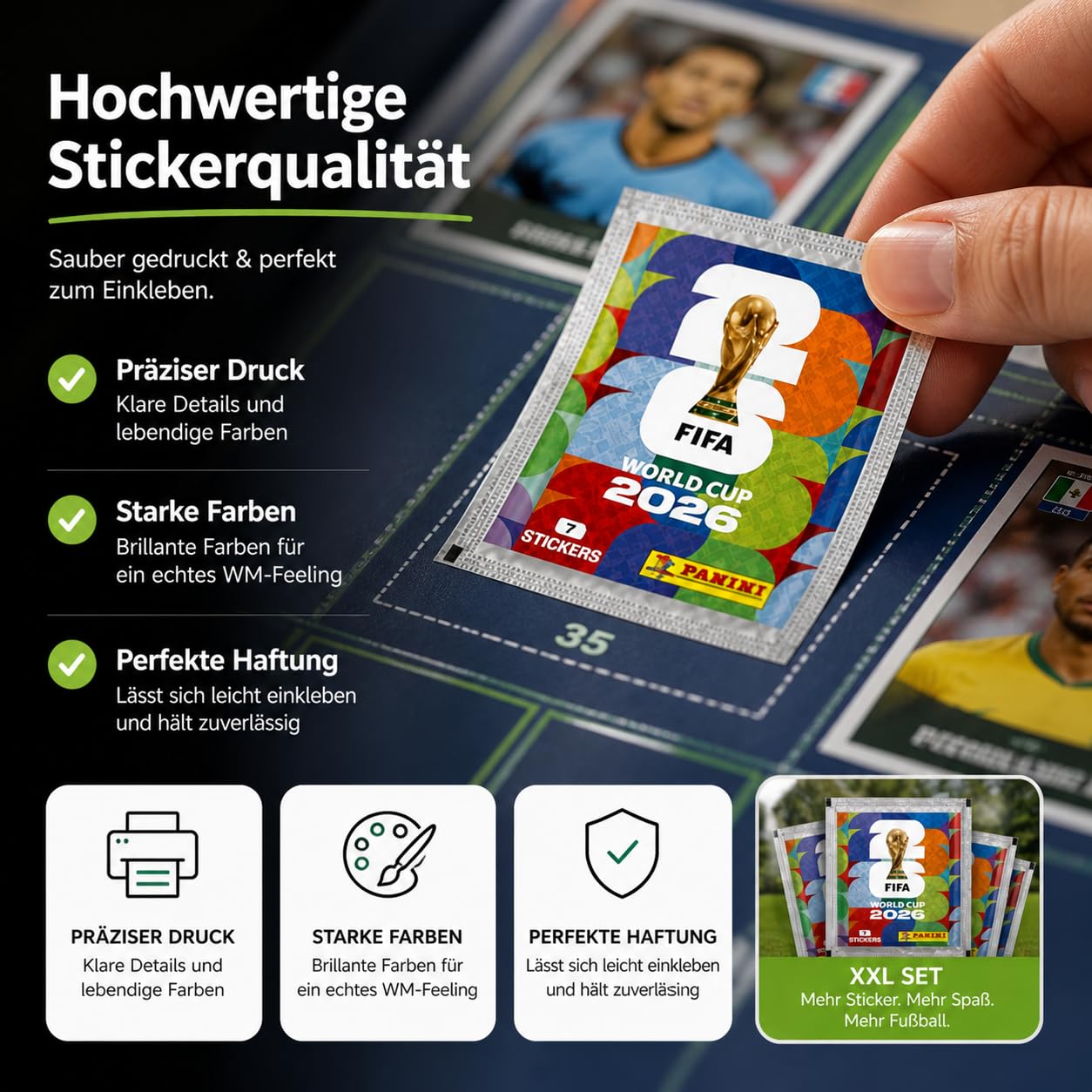 Panini WM 2026 Adhesivos y Plan de Partidos Set - para el Mundial de Fútbol 2026 - Tarjetas de fútbol para coleccionar incl. plan de partidos (25 bolsas / 175 sobres de pegatinas)