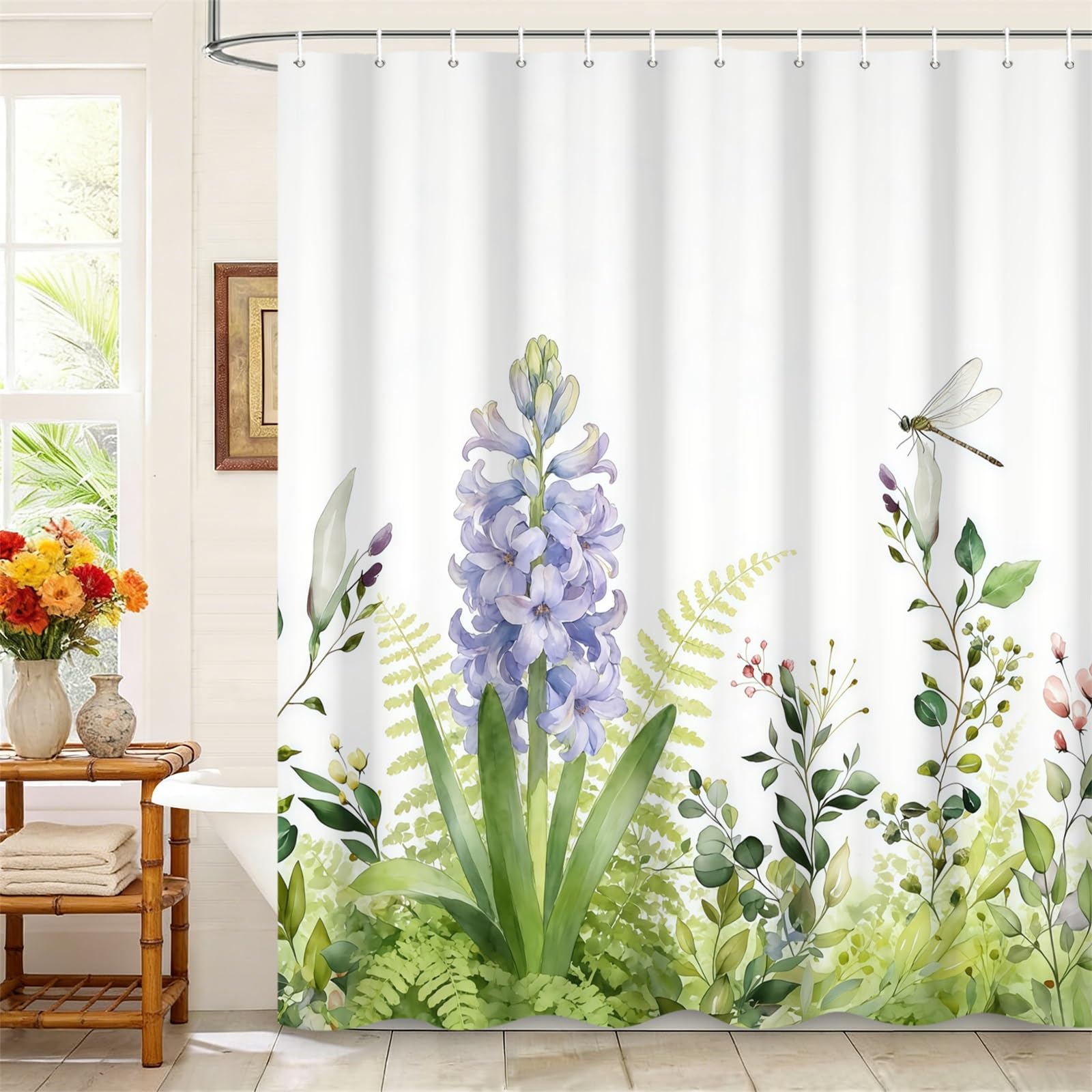 Kzzfqxb 105x160cm Shower Curtains with Plastic Hooks, Hyacinth Flowers Plants Leaves with Damselfly Waterproof for Bathtub, Polyester Fabric Bath Bathroom White Green Clean Beautiful Decoration