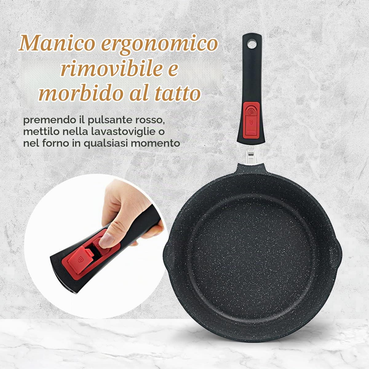 Padella Antiaderente 28cm Aluminium Padelle Professionali con Coperchio per Cucinare, Manico Rimovibile, Tutti Fornelli y induzione, forno sicuro(Nero)