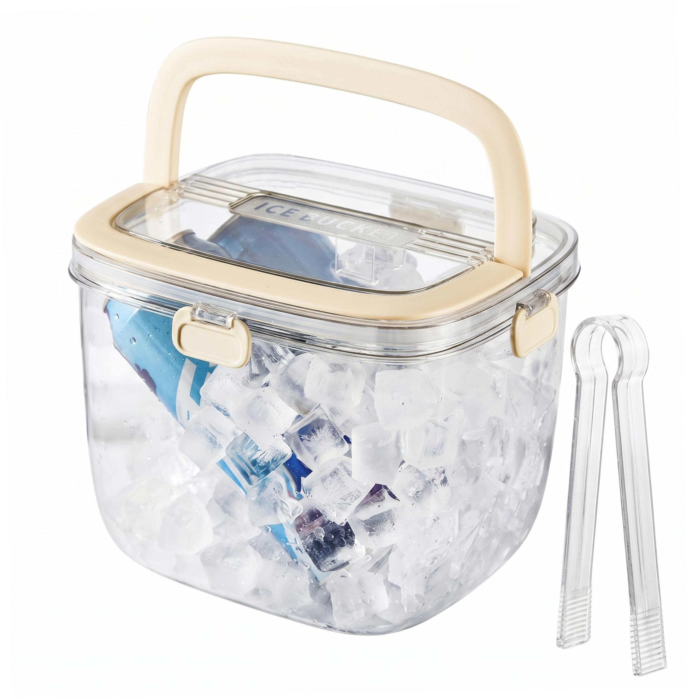 Neptuiby Ice Bucket for Freezer, Large Freezer Ice Bin with Insulated Layer & Ergonomic Handle Includes Tongs, Beige.