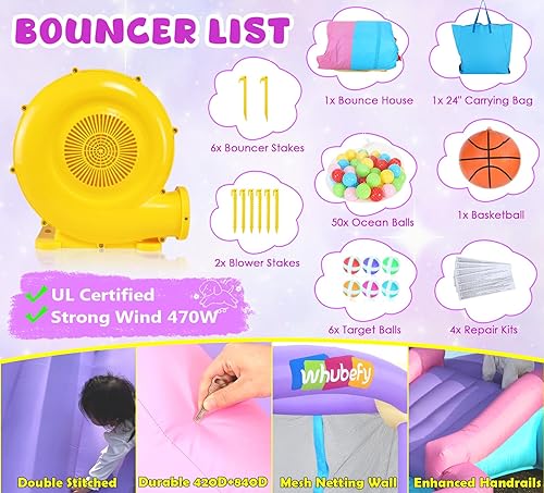 Miniatura 6 de Wesoky Casa inflable con soplador para niños de 2 a 6 años, casa inflable para saltar con tobogán, juego de diapositivas, 50 bolas, castillo animoso