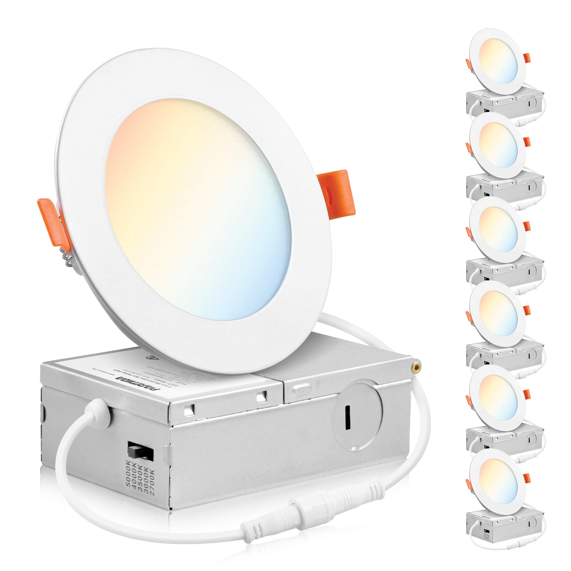 PARMIDA (6 Pack) 4 Inch Dimmable 5CCT Ultra-Thin LED Recessed Ceiling Light with Junction Box, 5 Color Selectable 2700K/3000K/3500K/4000K/5000K, 9W, Canless Wafer Slim Panel Downlight, IC Rated, ETL