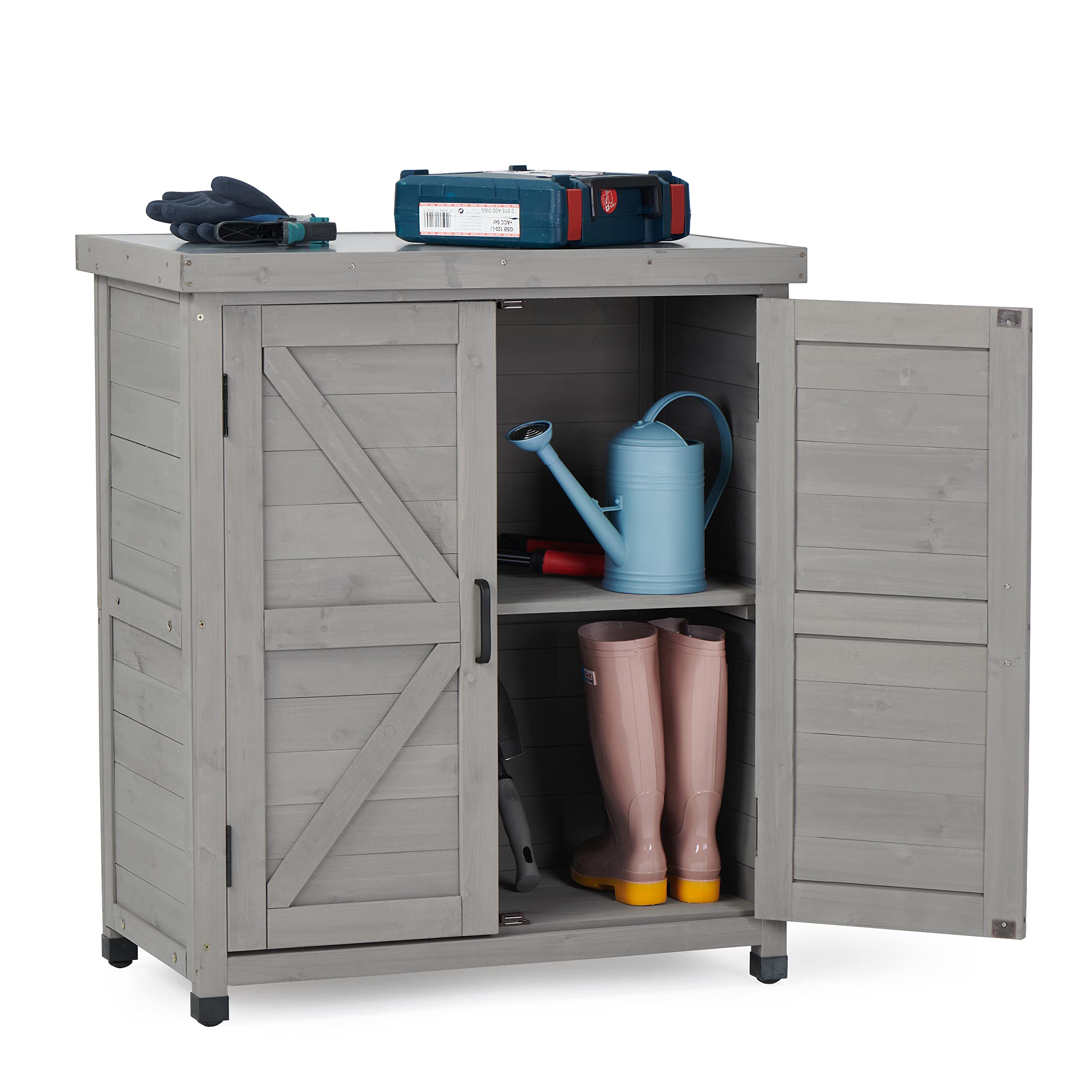 Outdoor Potting Bench with Storage Cabinet and Metal Top, Wood Workstation for Outdoor Patio, Garden (Dark Grey, 31x17x36‘’)