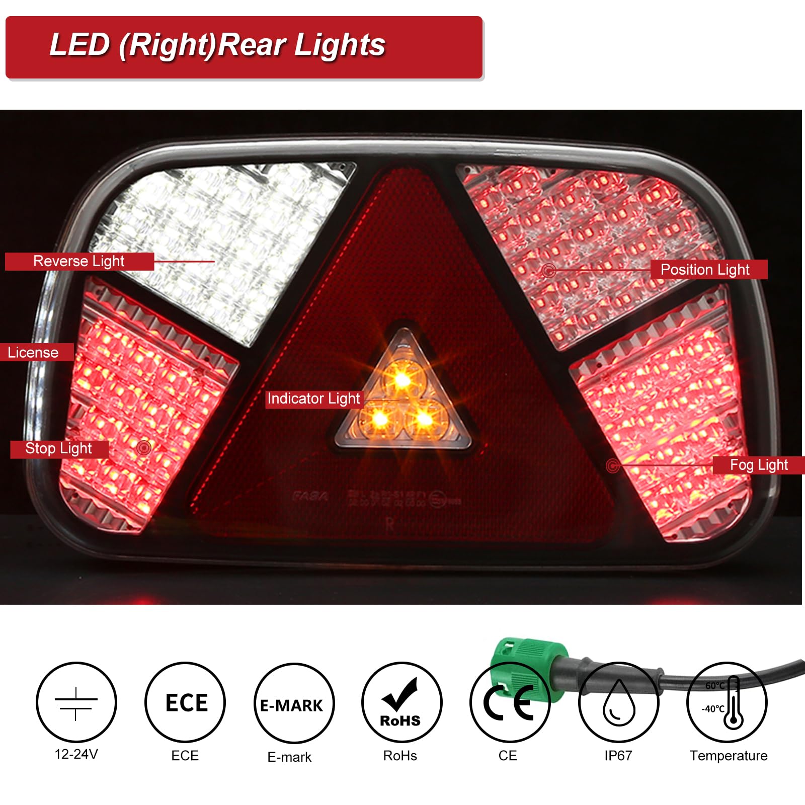 Feux de Remorques LED 12/24v,Feu Arriere led pour Remorque 7Function Antibrouillard Recul Éclairage, Feux Gabarit Remorqueavec 2x6broches Connexion à Baïonnette 30cm,Éclairage Remorque E-Mark