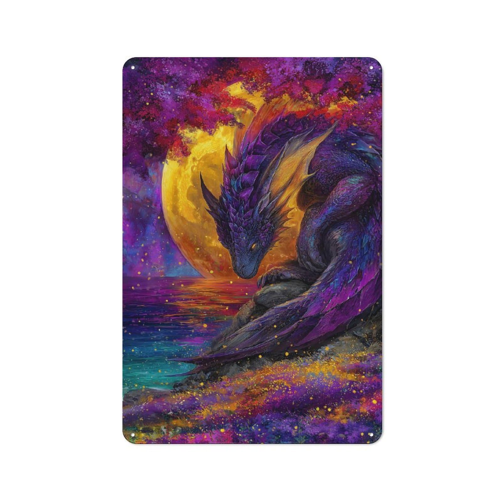 Vintage Purple Dragon by The Sea Decorative Metal Plaque 30x20cm, Garden Room Wall Plaque for Shed, Garden Room, Porch Or Garage