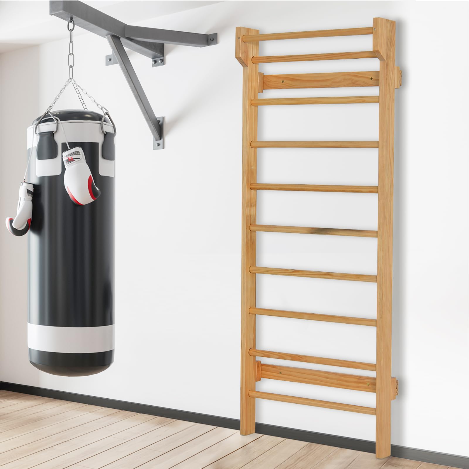 GOPLUS Espaldera Gimnasio de Madera de Pino, Pared de Escalada para Habitaciones Infantiles, Escalera Sueca Barras de Pared para Adultos y Niños, 195 x 80 x 14 cm, Carga 100 kg