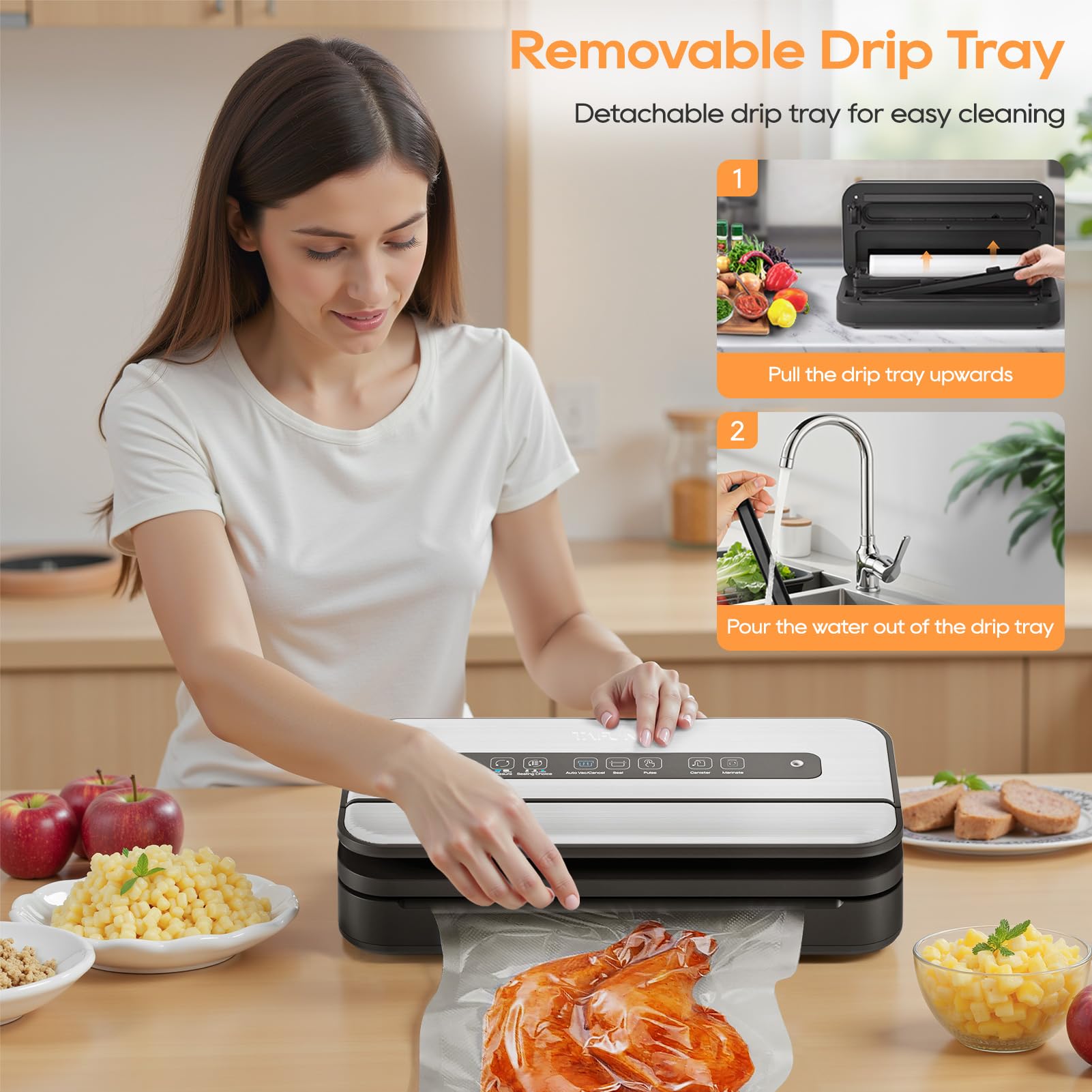 Máquina selladora al vacío líquida, sellador al vacío de 90 Kpa para alimentos líquidos/secos/húmedos, doble sellado térmico, mango de fácil bloqueo, cortador integrado y almacenamiento de bolsas y