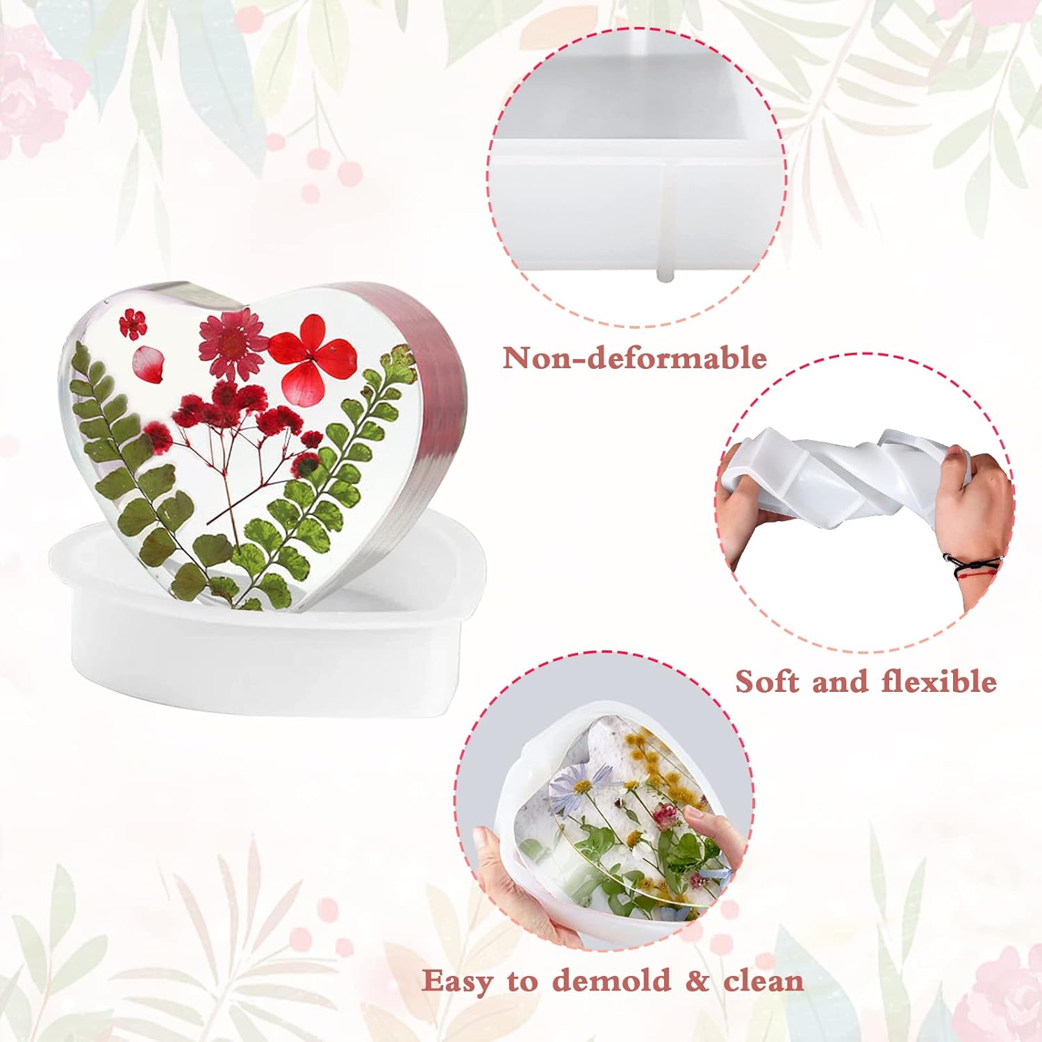 5 PCS Resin Molds Silicone Kit Large Epoxy Resin Mold for Flowers Preservation Home Deco DIY Art, Silicone Molds Including Square, Heart, Sphere, Pyramid, Cube and Tools