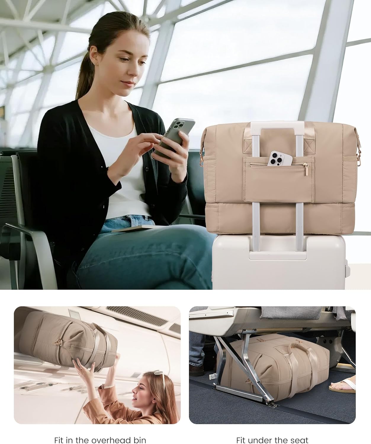 LOVEVOOK Travel Duffle Bag,Puffer Weekender Bags For Women with Shoe Compartment,42L Carry On Duffel Bags For Airplanes,Hospital Bag for Labor and Delivery,Overnight Bsg With Toiletry,2Pcs Set - Image 6