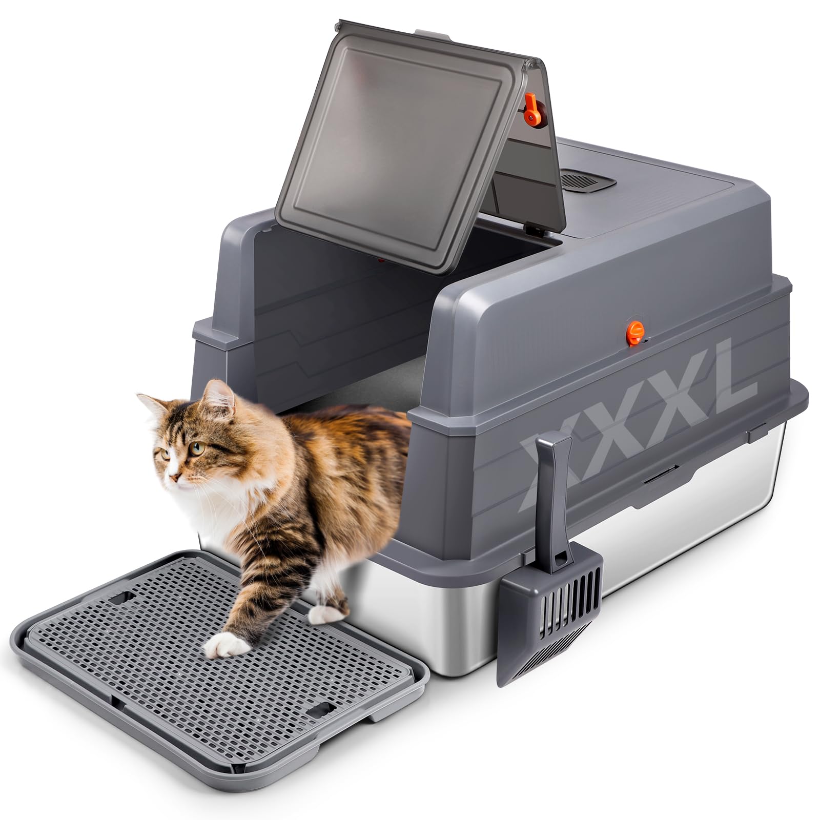 Bartuke Stainless Steel Cat Litter Box with Lid, Enclosed Removable Metal Litter Tray for Super Large Cat with High Sided Enclosure, Scoop, Pedal, Anti-Leakage, Non-Sticky, Easy Cleaning(Dark Grey)