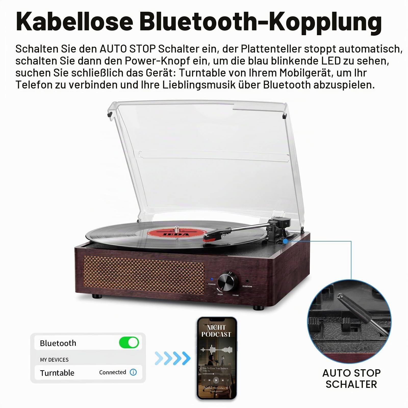 Vinyl Plattenspieler, Bluetooth tragbaren Vinyl Plattenspieler Schallplattenspieler mit 3-Gang 33/45/78 U/min und Eingebauter 2 Stereo Lautsprechern- natürliches Holz