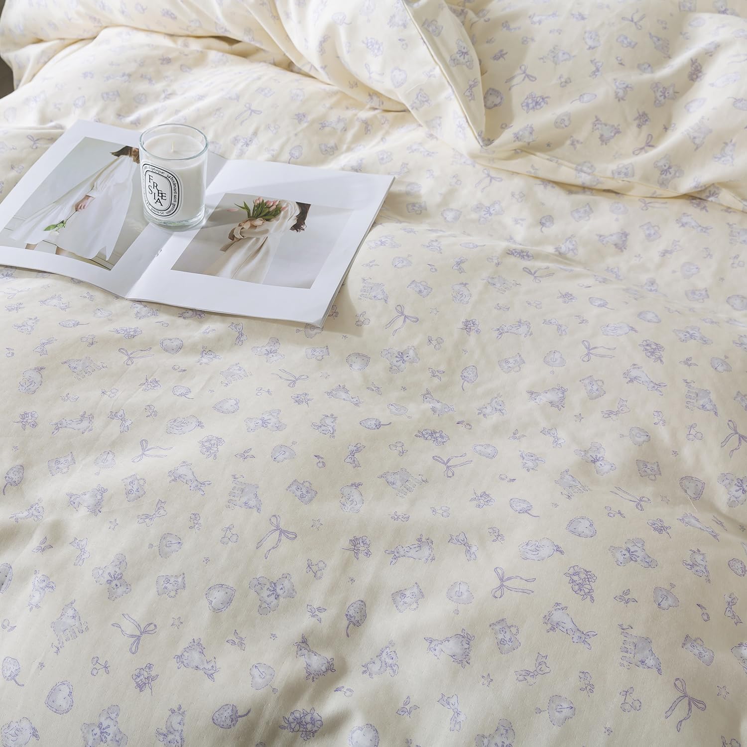 Brandream French Romantic Muslin Cotton Duvet Cover Set – Ultra Soft 3pc Pale Yellow Bedding with Whimsical Rabbit & Bow Print – Breathable Double-Gauze 100% Cotton, Twin Size