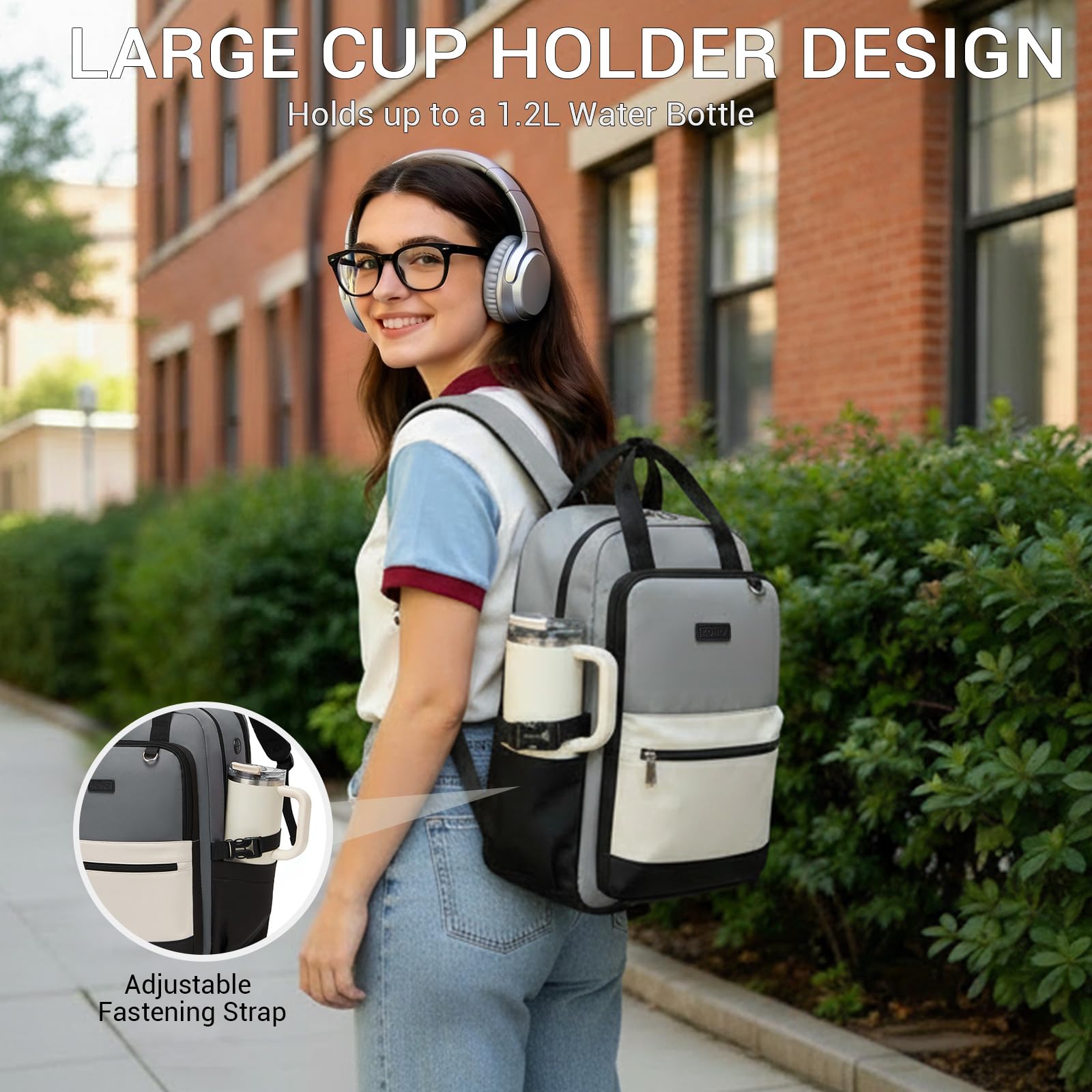 Kono Mochila para Portátil 15,6 Pulgadas Mujer, Gran Capacidad, Impermeable con Bolsillo para Botella, Ideal para Trabajo, Universidad, Viajes(Gris/Beige)