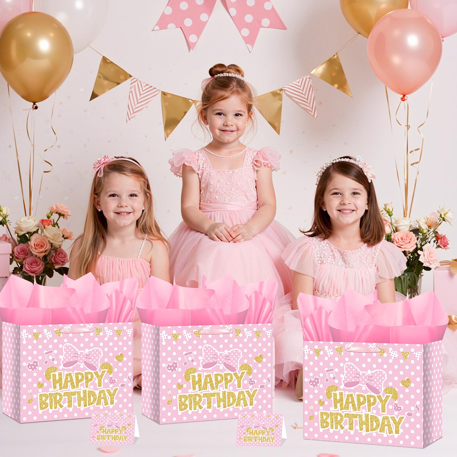 Cartoon Mouse Birthday Gift Bag with Tissue Paper and Card Pink Gold Bow Wrapping Paper Bags Large Princess Mouse Themed Birthday Party Favor Bags for Girls Bday Baby Shower Party Supplies Decorations