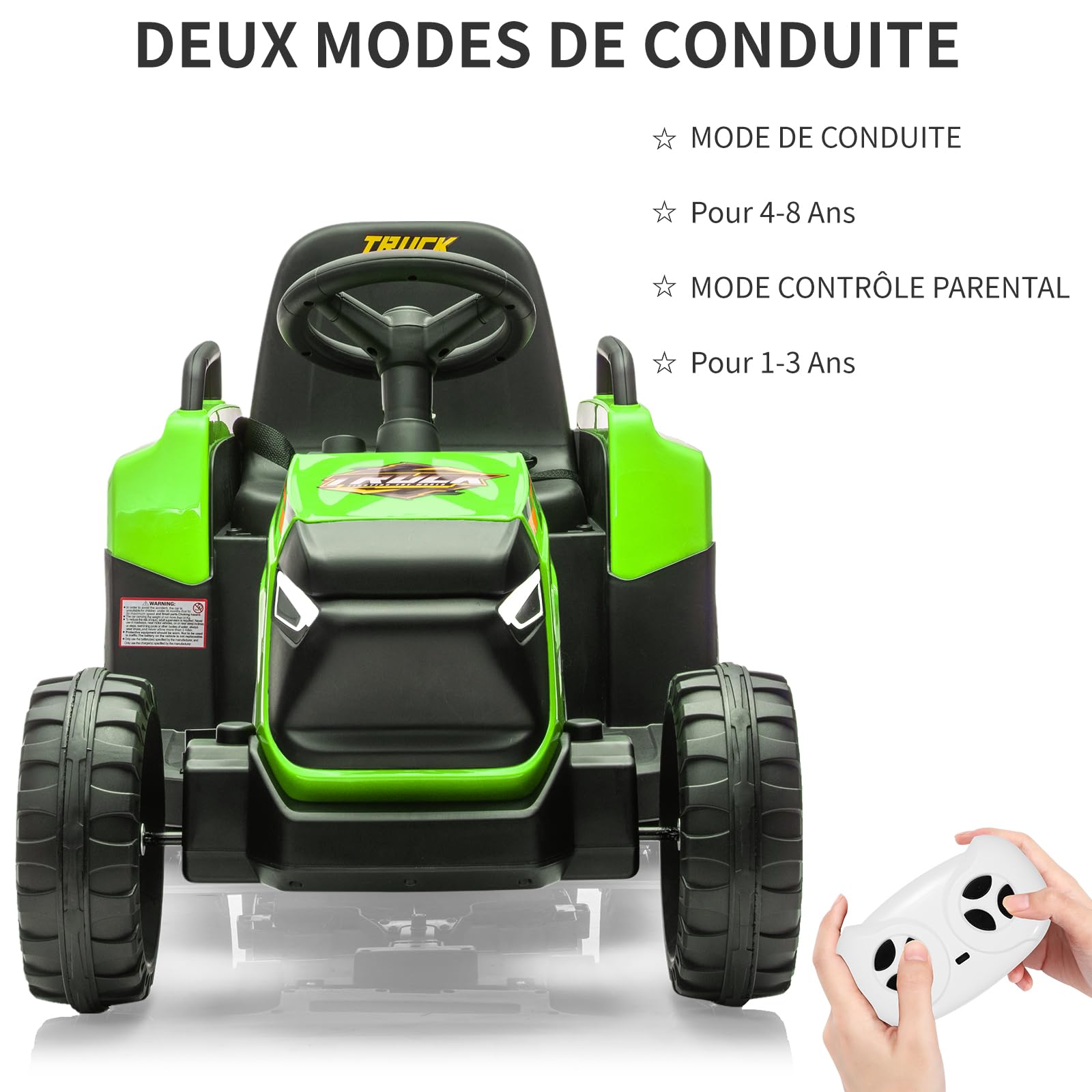 Elektro Traktor für Kinder 12V mit Anhänger Fernbedienung Grün | 8-Rad Design, 30 kg Belastbar, Robustes PE/PP Material, Bluetooth Musik, Soft-Start Funktion, 3-8 Jahre, Garten und Indoor