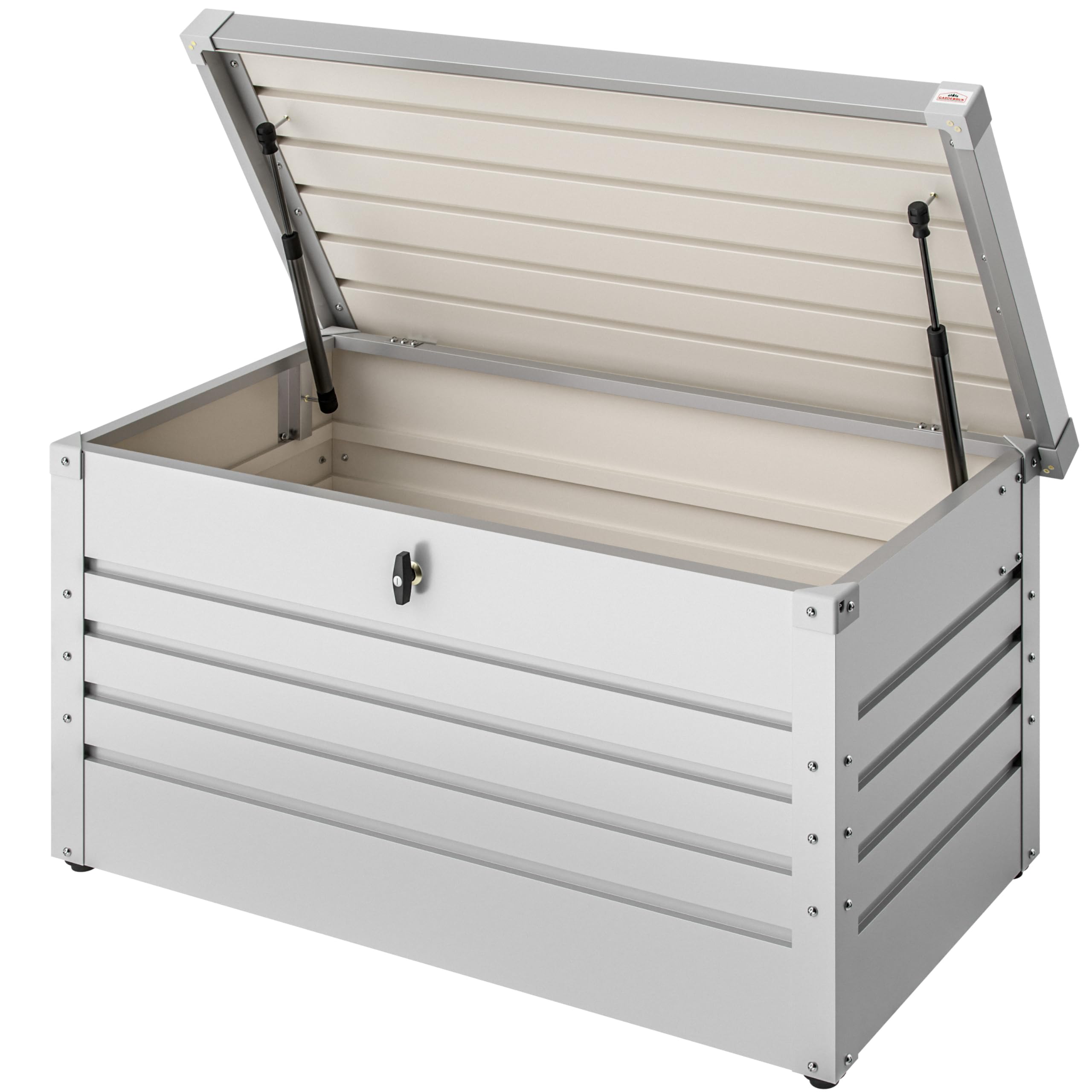 Gardebruk® Outdoor Storage Box | 385L | Gas Lift | Metal Garden Tool Box with Lid | 120x62x63cm | Lockable Toy Storage Box | Waterproof | Includes 2 Keys | White Finish