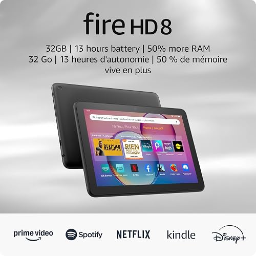 Amazon Fire HD 8 tablet, 8” HD Display, 3GB memory, 32GB, designed for portable entertainment, Black, (2024 release)