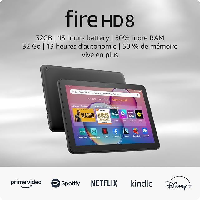 Tablette Amazon Fire HD 8, Écran HD de 8 po, 3Go mémoire, 32Go, conçue pour le divertissement portable, Noir, (sortie 2024)