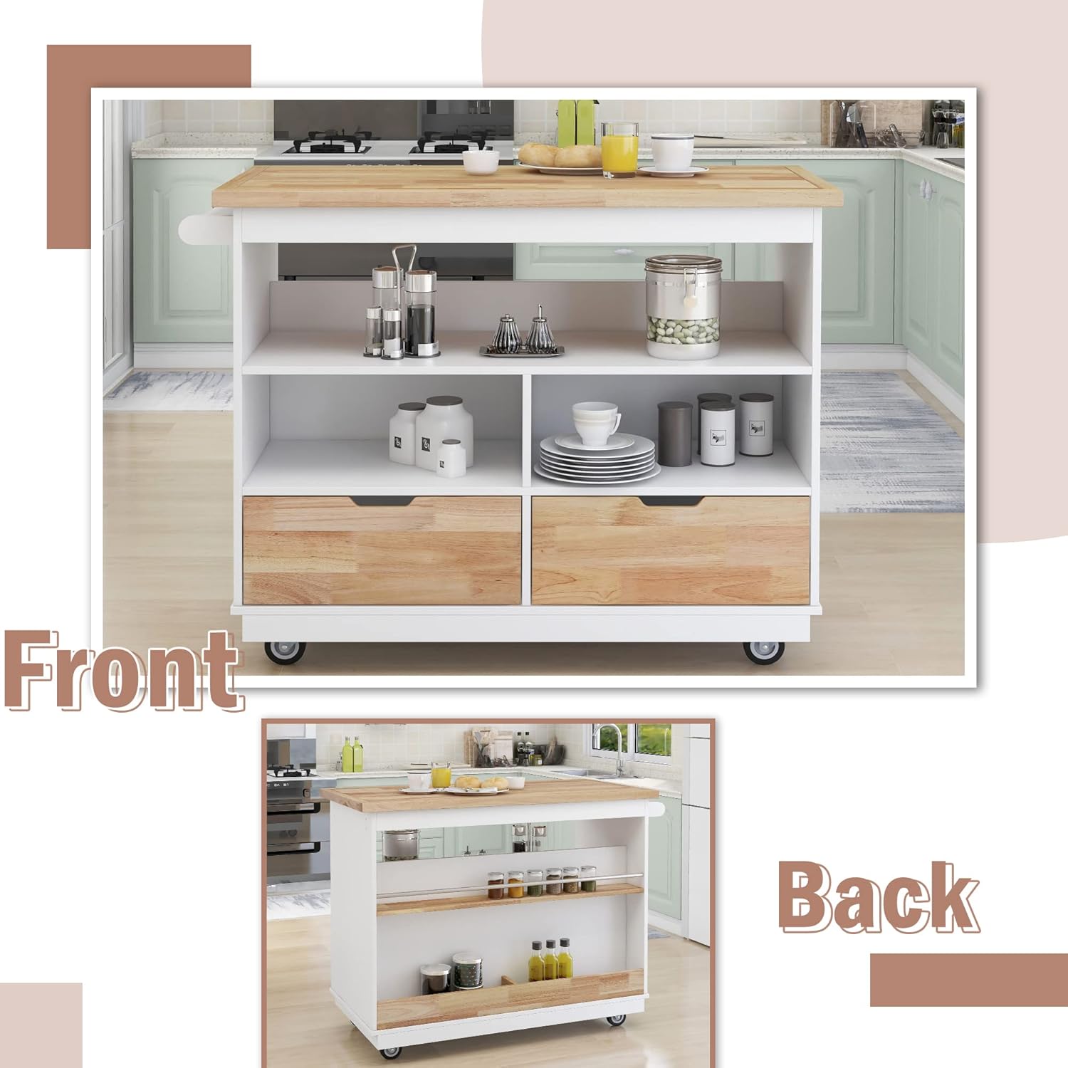 Kitchen Cart Rolling Mobile Kitchen Island Solid Wood Top, Kitchen Cart with 2 Drawers,Tableware Cabinet,Spice Rack,Wine Rack, for Dinning Room (White)