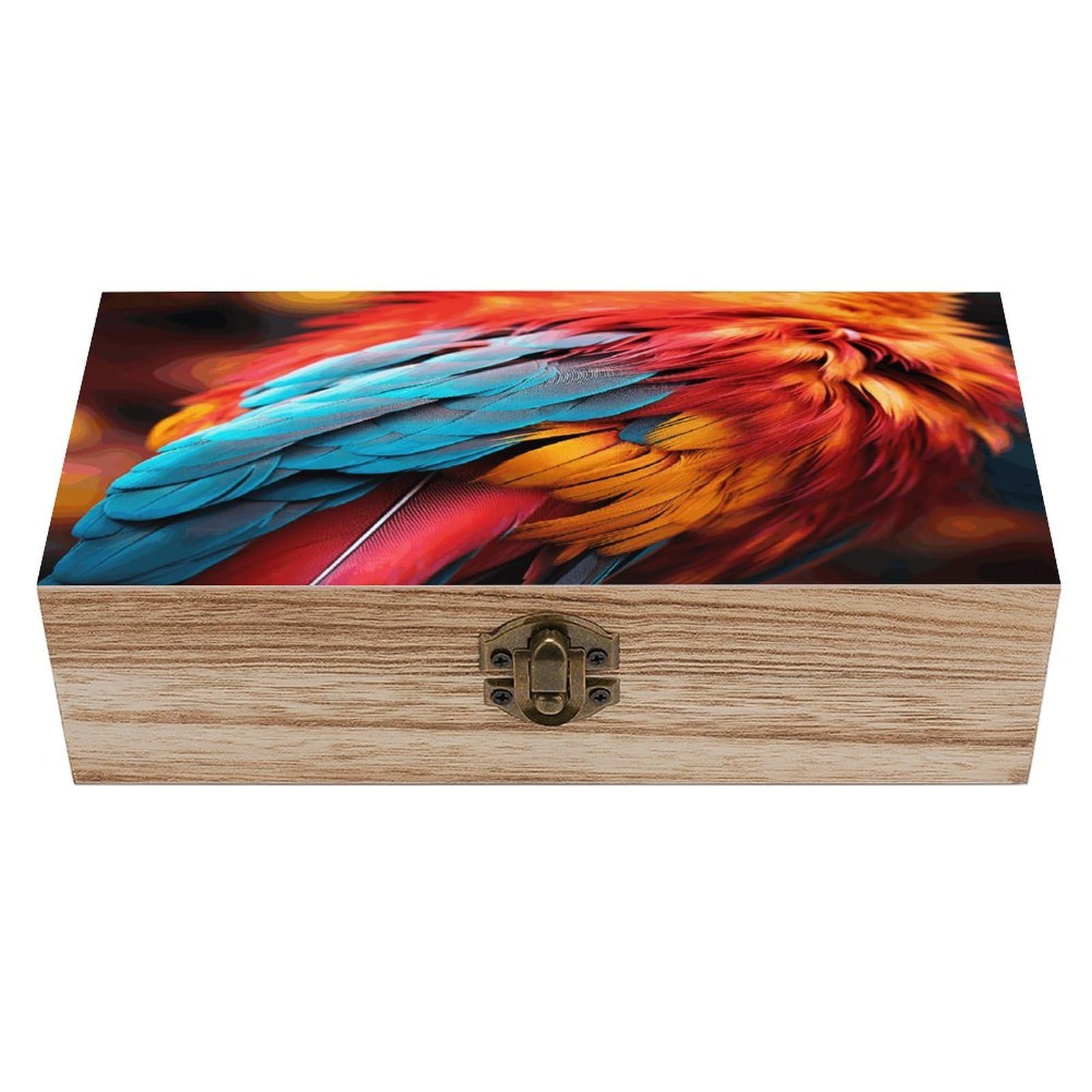 Coffre de rangement en bois rétro décoratif avec couvercle à plumes