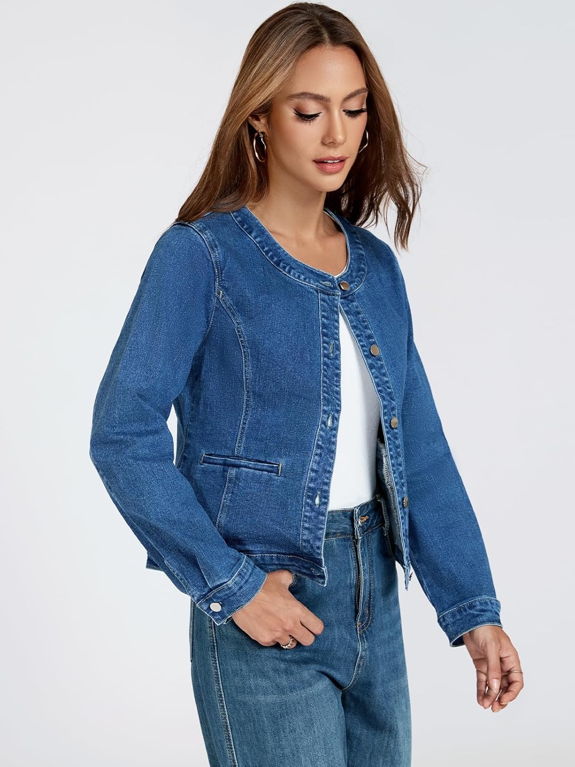 LifeShe Cropped Denim Jacket for Women Stretch Collarless Jean Jackets Slim Fall Crop Shacket Tendy - Image 5