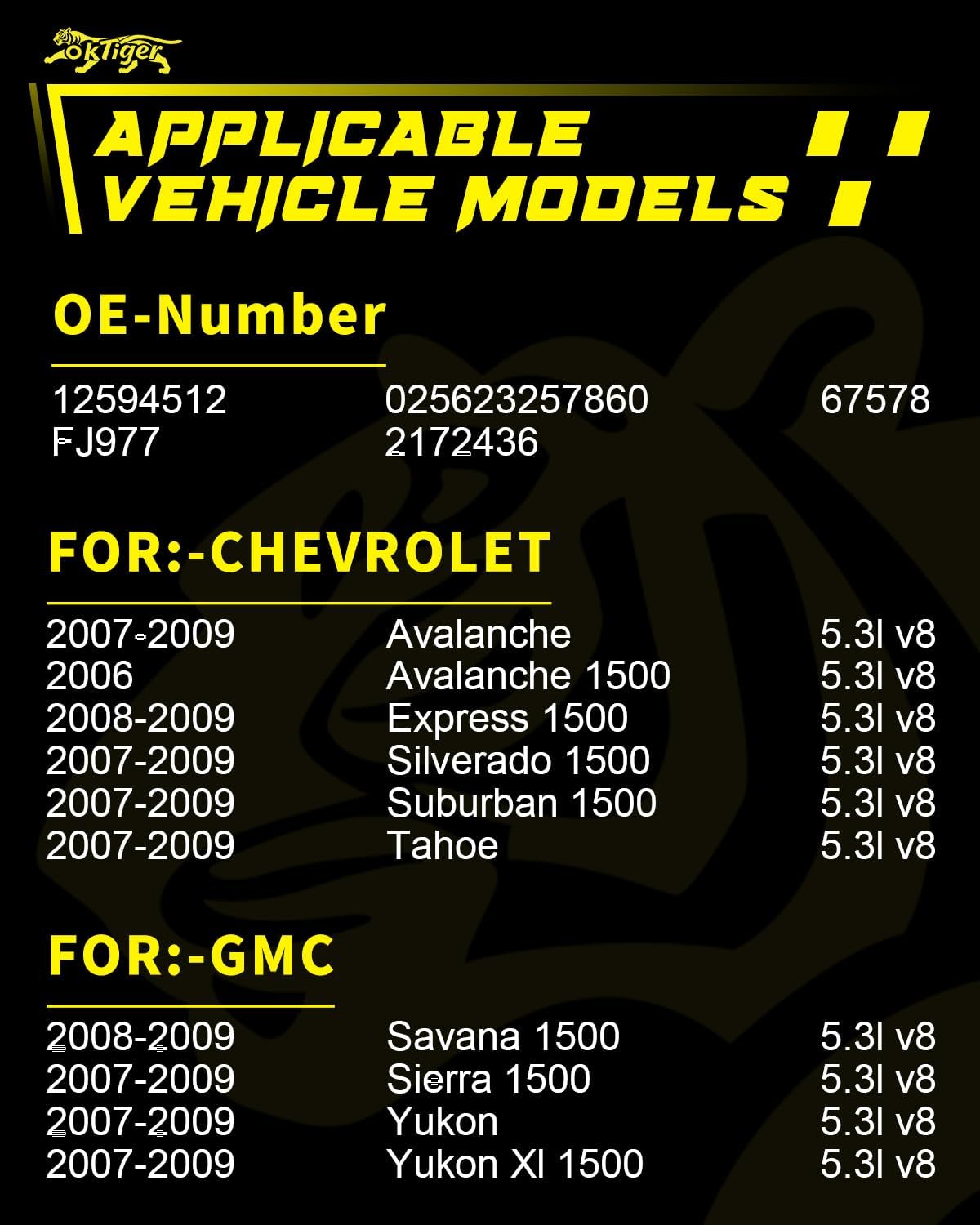 Oktiger Upgraded Fuel Injectors Fit for Chevrolet Silverado 1500/Suburban 1500/Tahoe 2007-2009, Express 1500 2008 2009, for GMC Sierra 1500 2007-2009, Yukon XL 1500 07-09, 5.3L, 8Pcs, Replace 12594512