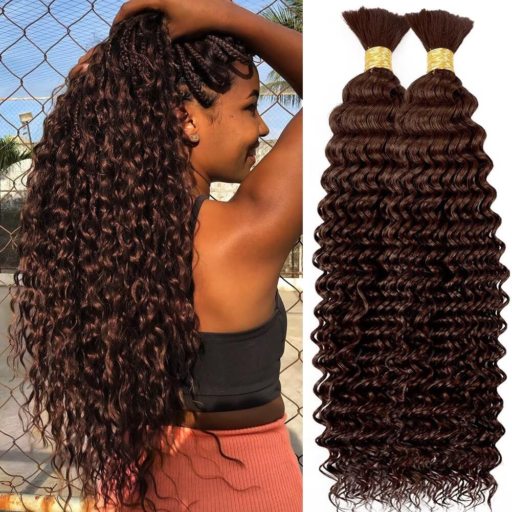 Human Braiding Hair for Boho Braids 100g 16 Inch Chocolate Brown Curly Boho Hair for Braiding Knotless 12A Deep Wave Bulk Bohemian 2 Bundles/Pack
