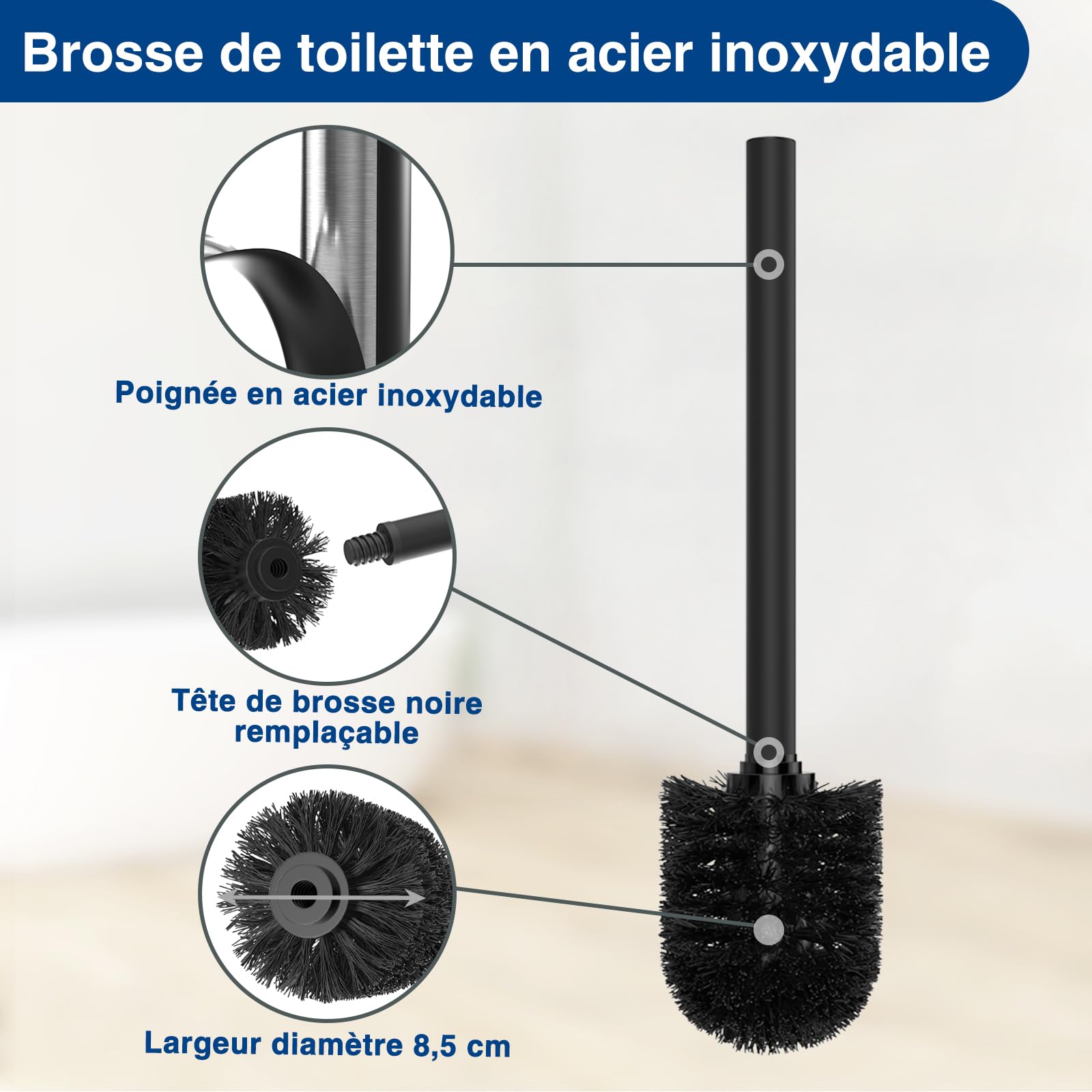 Porte-papier toilette debout en acier inoxydable avec brosse – avec boîte à lingettes humides, ensemble WC