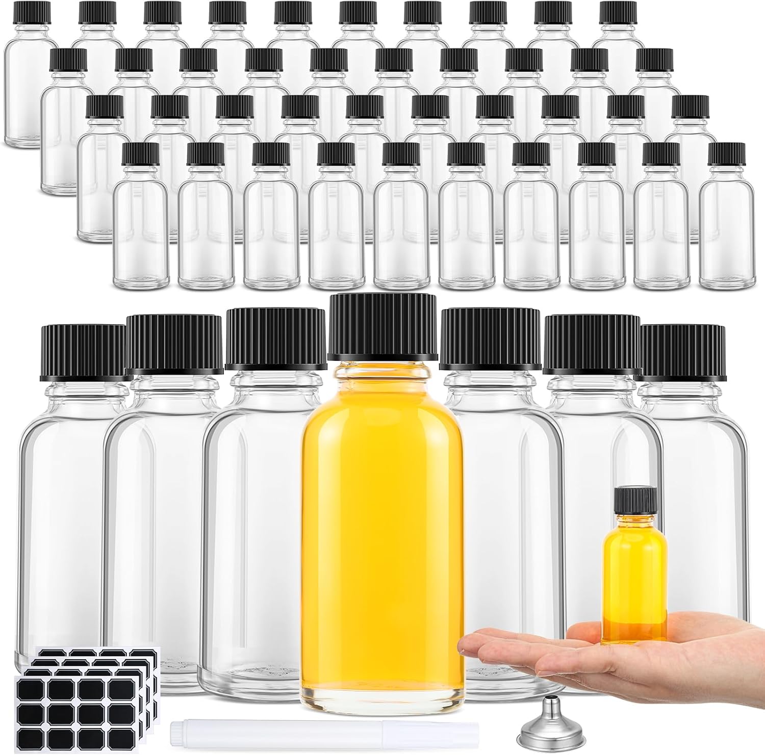 Hsei 1 oz Glass Bottle with Black Cap Clear Sample Boston Round Bottle Small Glass Containers with Lids and Funnel Chalk Labels Pen for Vanilla Extract Essential Oils(48 Pcs, 4 Sheet)