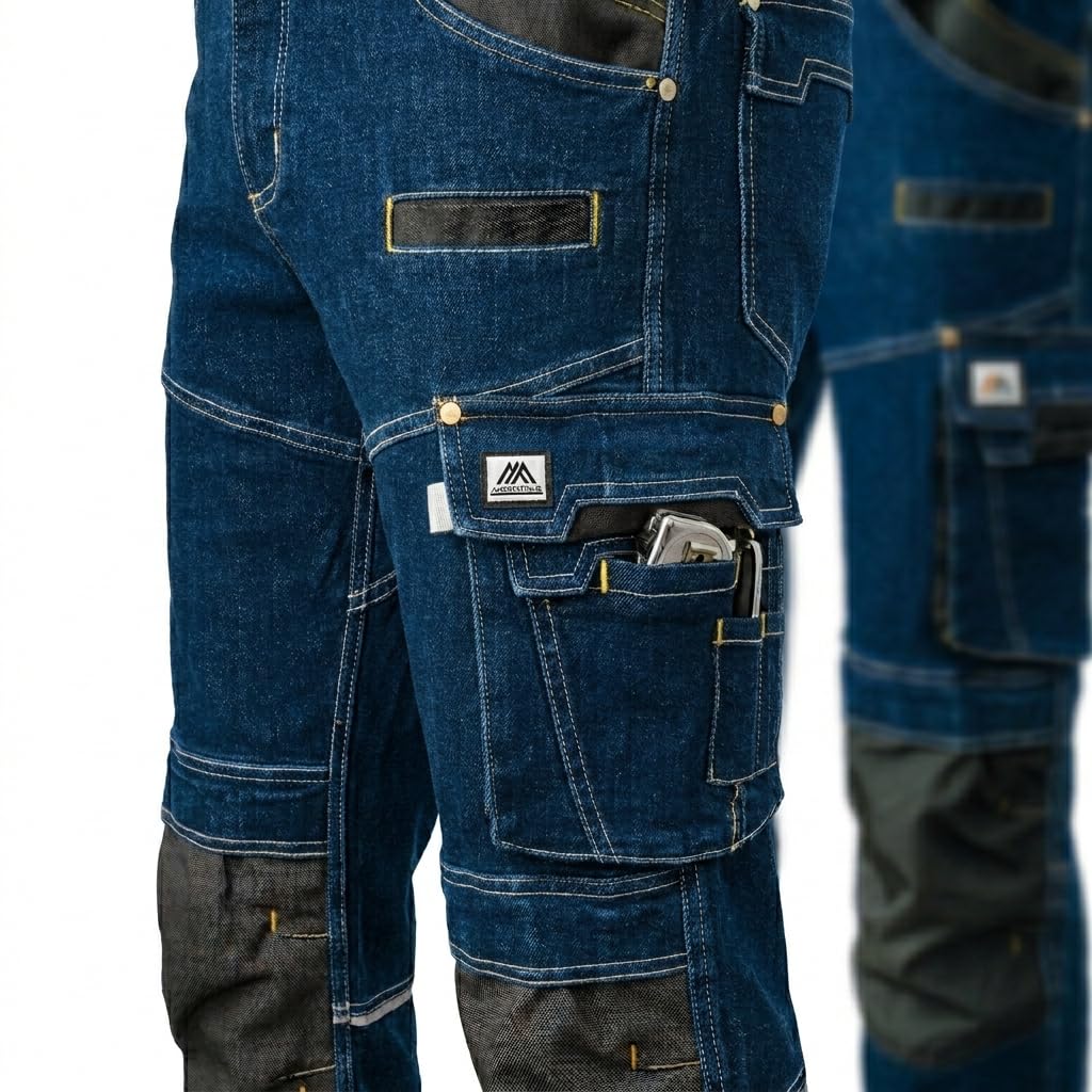 ART.MAS Pantalones de trabajo para hombre COLEMANN Vaqueros elásticos de trabajo con bolsillos en las rodillas, 11 bolsillos y elementos reflectantes, pantalones de trabajo resistentes de algodón