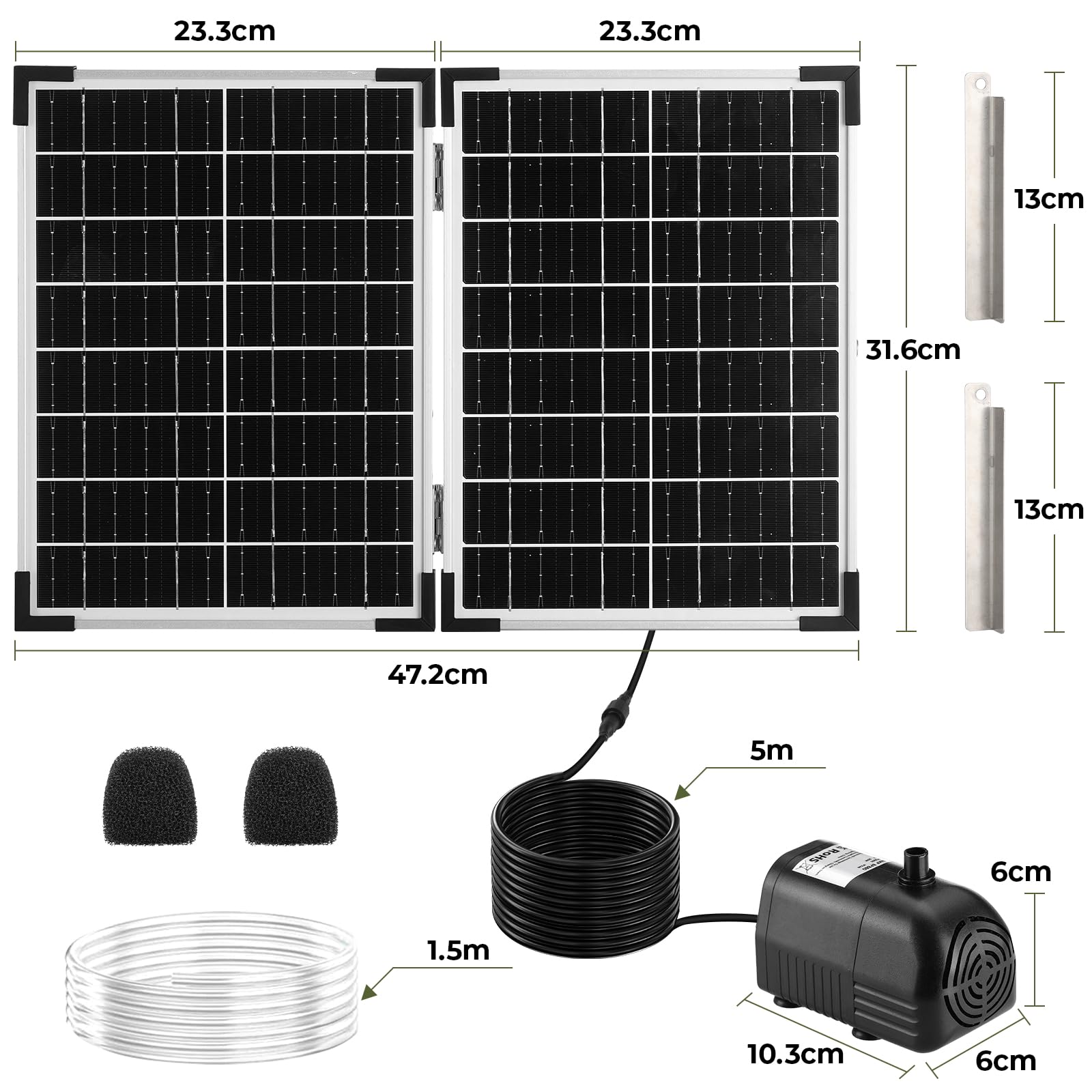 Clevich 35W Fontaine Solaire pour Bassin, 280 L/H,Max 220cm,pour Grands Bassins (8-15 m²),Panneau en Verre 100% avec Moteur sans Balais,4+4 Buses et 2Filtres,Câble de 5m,Kit Spécial Fontaine et Bassin - 3