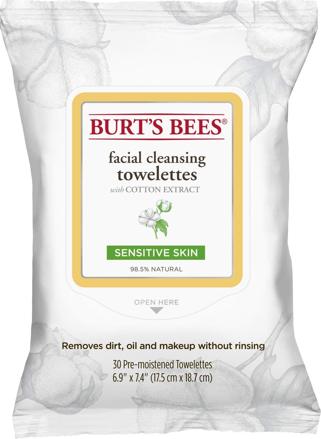 Burt's Bees Facial Cleansing Towelette Wipes for Sensitive Skin With Cotton Extract, 90 Count (30 Count each) [3 Pack] (Package May Vary) : Beauty & Personal Care