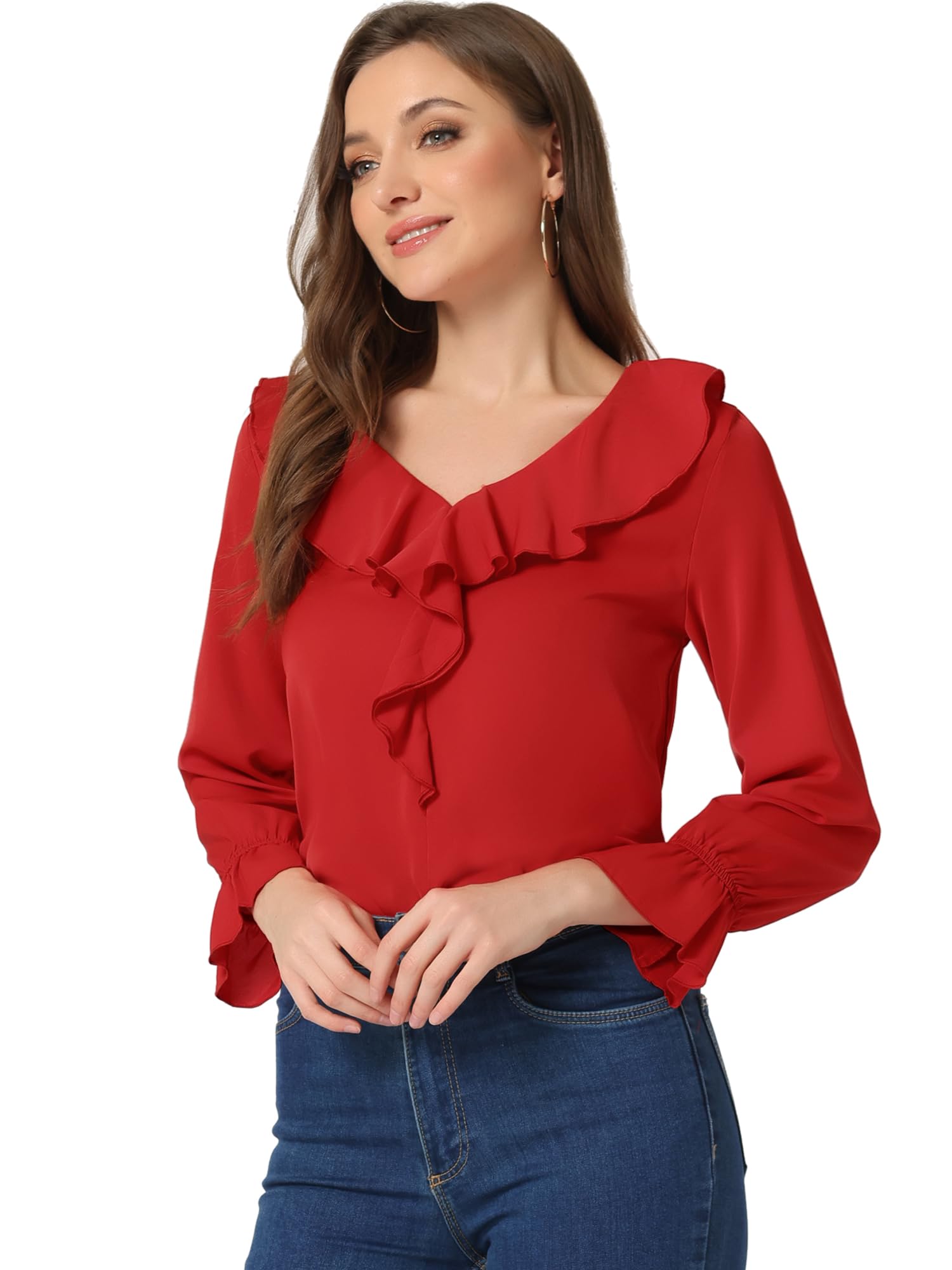 Allegra K Blouse à volants pour femme, élégante avec col en V et manches longues, idéale pour le travail ou les occasions décontractées ou habillées, Rouge, Taille XL