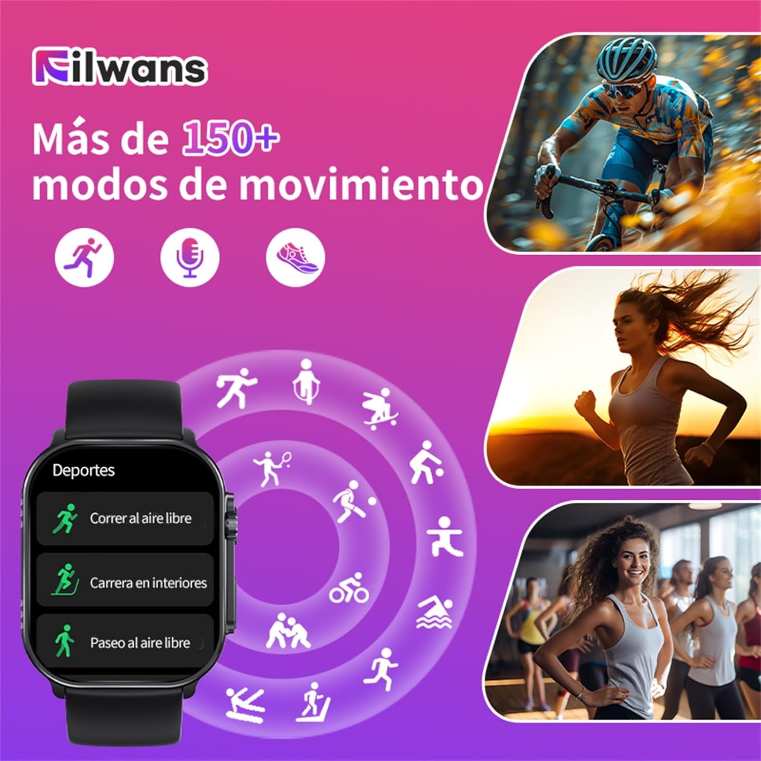 Filwans GTS Smartwatch displaying various sports tracking modes