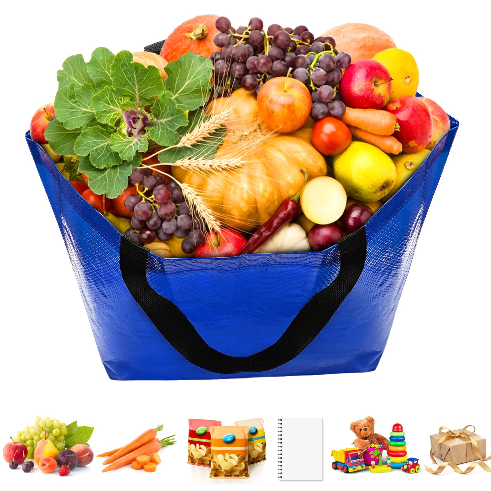 12 bolsas de comestibles, bolsa de compras reutilizable resistente con asas, bolsa impermeable de tamaño mediano para frutas, verduras, ropa, botellas, bebidas, organización, Amarillo, azul,