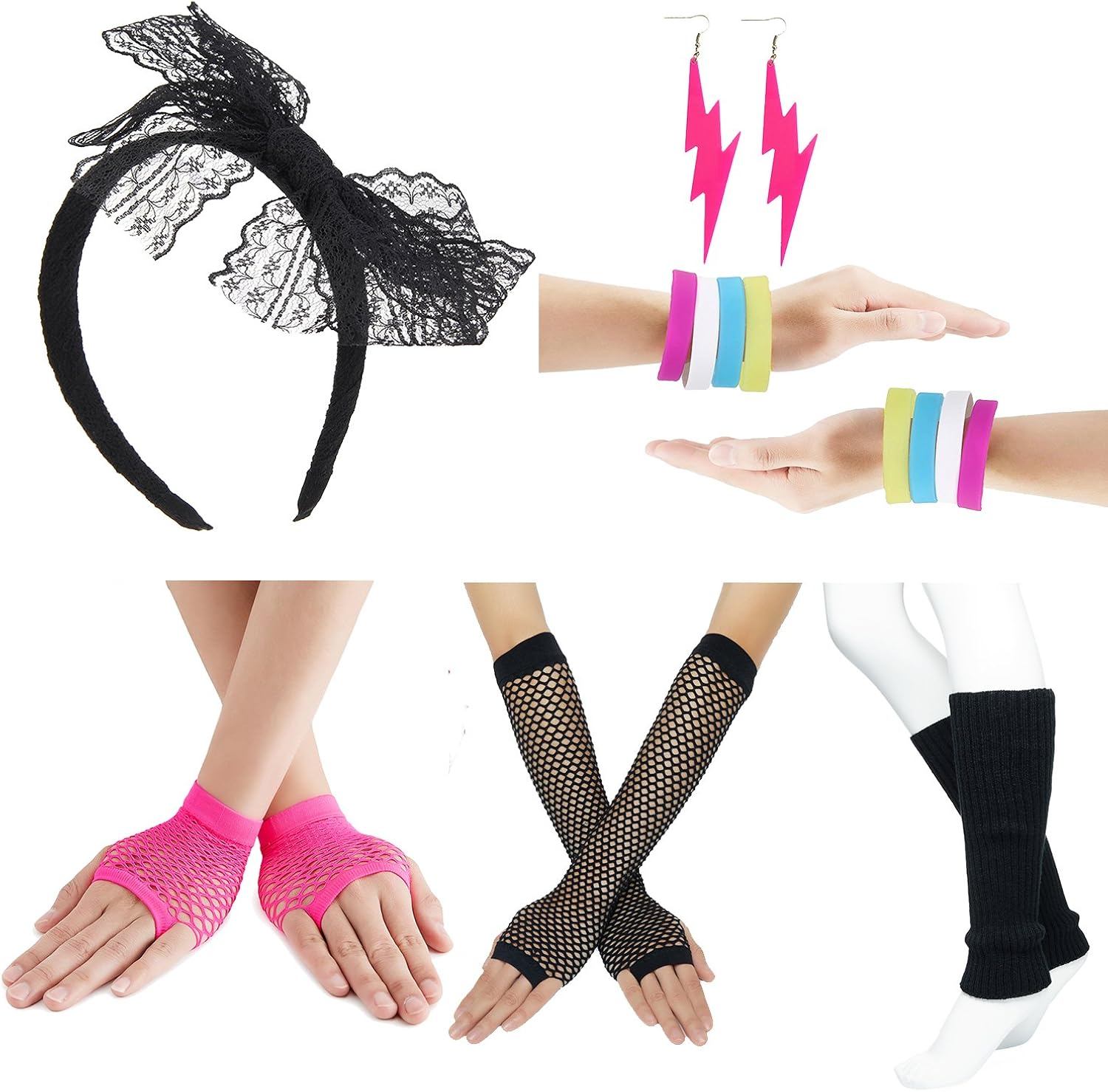 80s Fancy Outfit Costume Accessories Set,Leg Warmers,Fishnet Gloves,Earrings, Headband, Bracelet and Beads