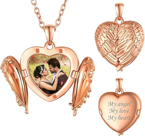 FindChic Collar personalizado con medallón de alas de ángel con foto de corazón, plata de ley, acero inoxidable, chapado en oro de 18 quilates,