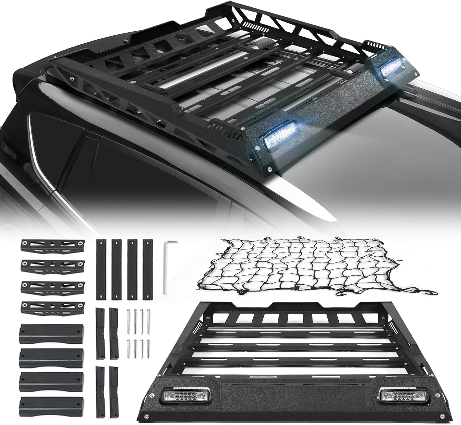 YZONA 55''x41'' Roof Rack Cargo Basket with Cargo Net & 2 Pcs LED Light Bars, Car